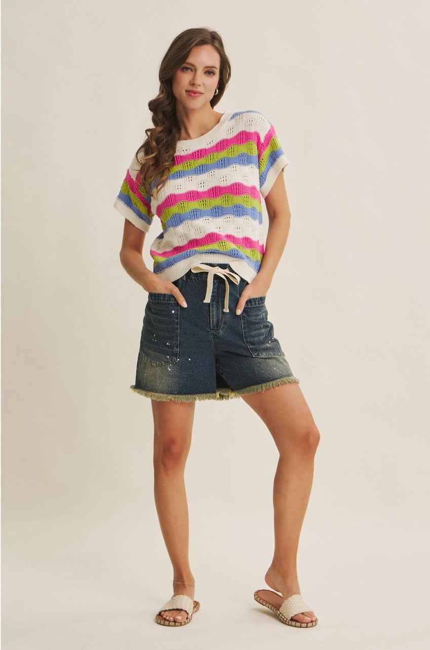 Retro Summer Multi Stripe Textured Crochet Sweater Top