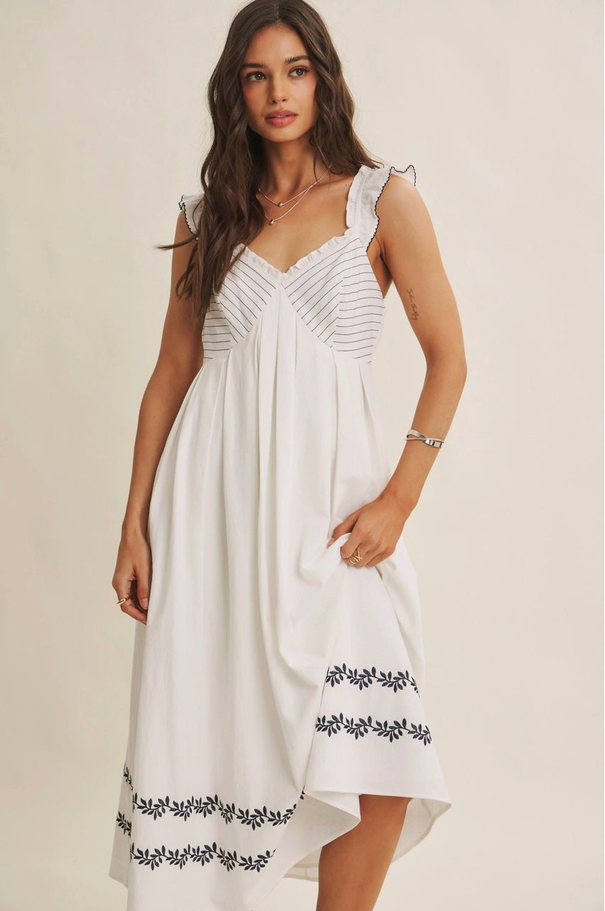 Provence Summer Embroidered Pintuck Ruffle Midi Dress