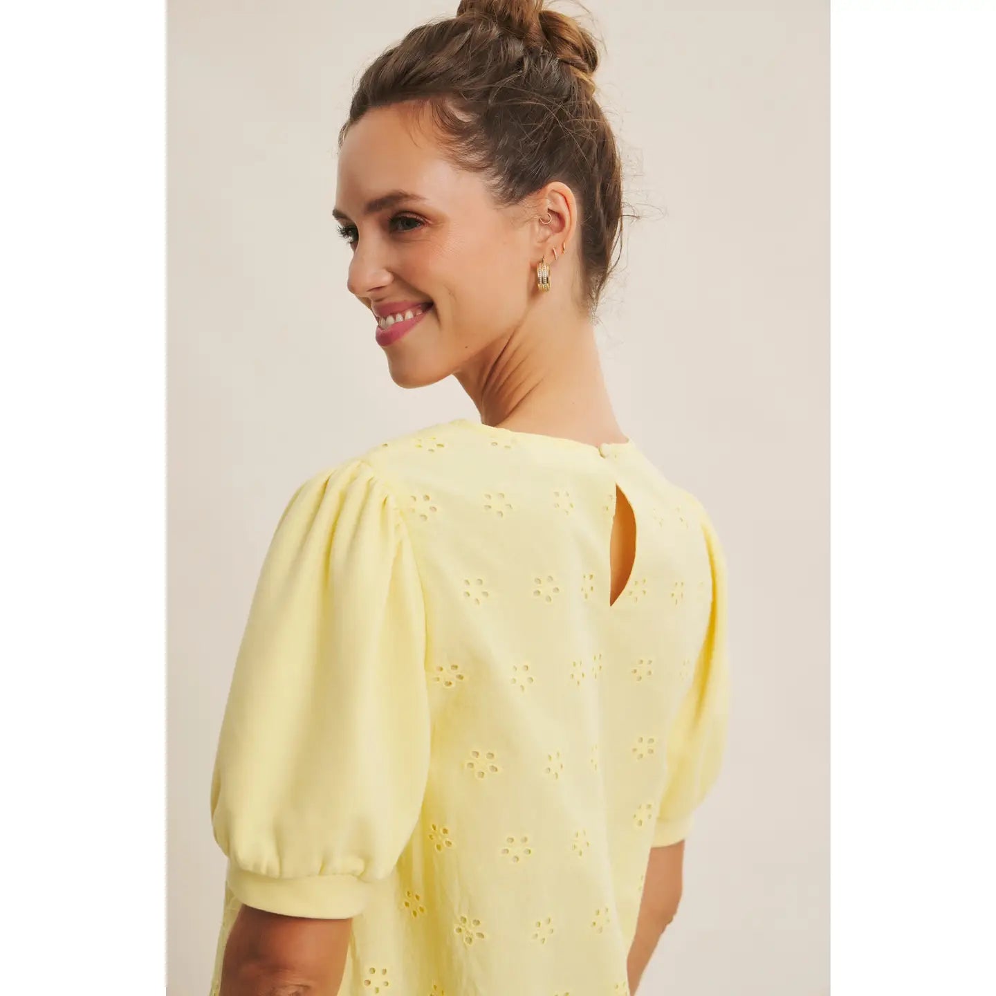 Effortlessly Joyful Terry Eyelet Puff-Sleeve Blouse