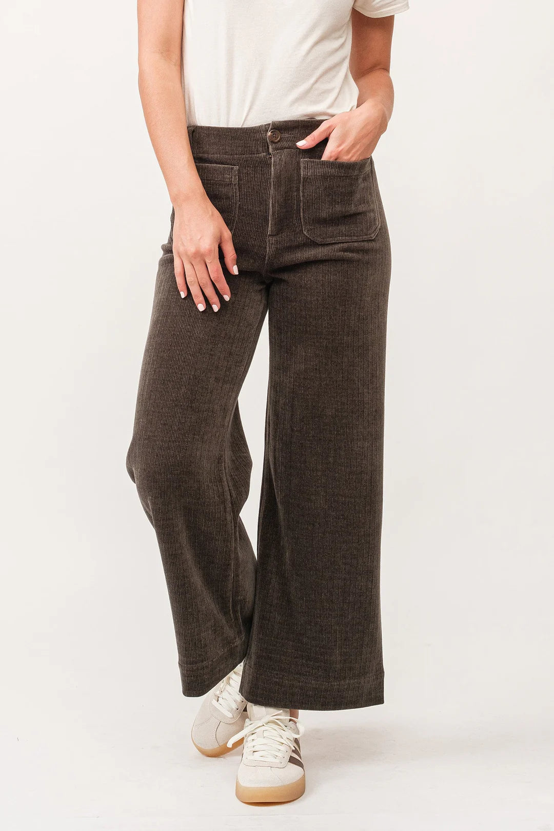 AUDREY HIGH RISE WIDE LEG PANTS DARK OLIVE CHENILLE