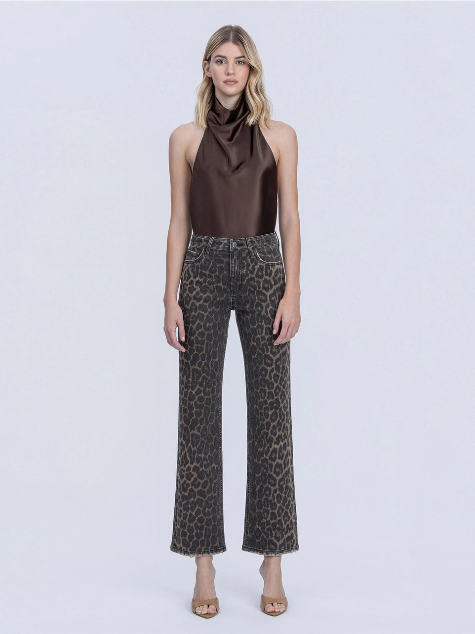 High Rise Leopard Print Slim Wide Jeans