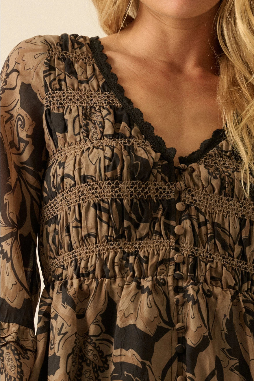 Floral Smocked Bell-Sleeve Button-Front Midi Dress