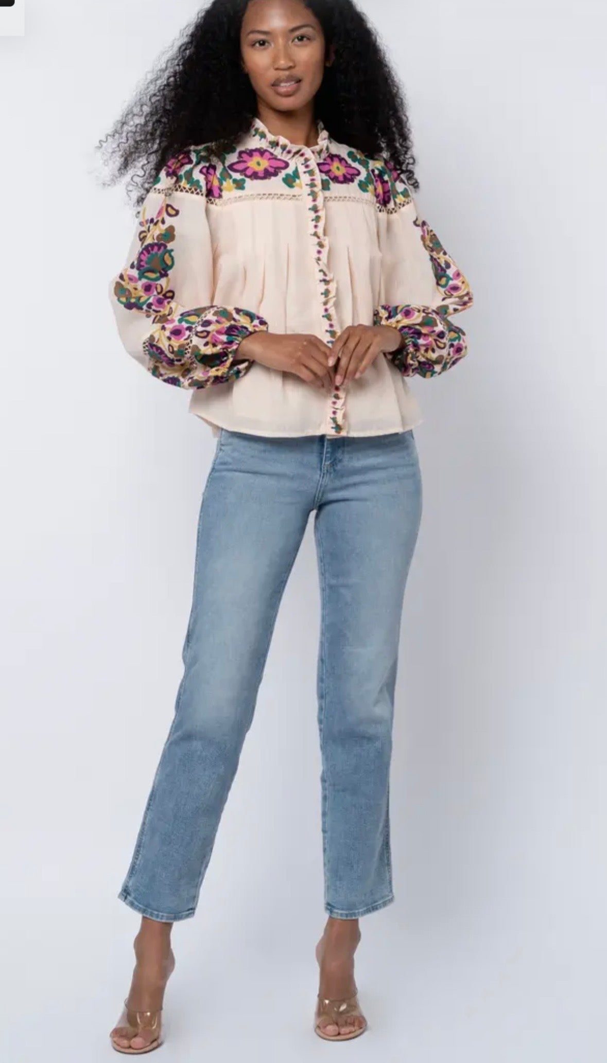 Isme Placed Floral Ruffle Placket Button-Up Shirt