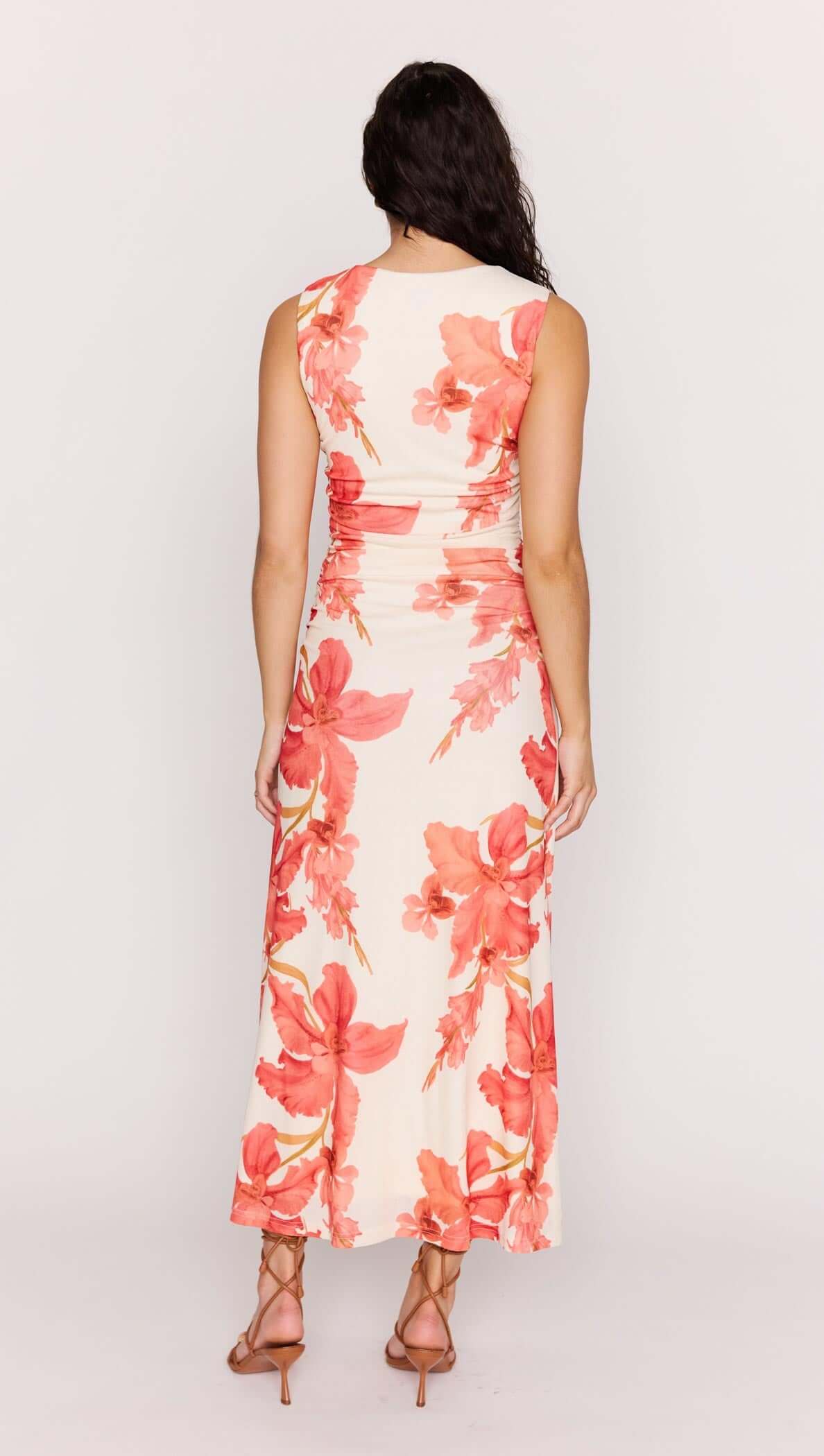 PEACH HIBISCUS MESH MIDI DRESS