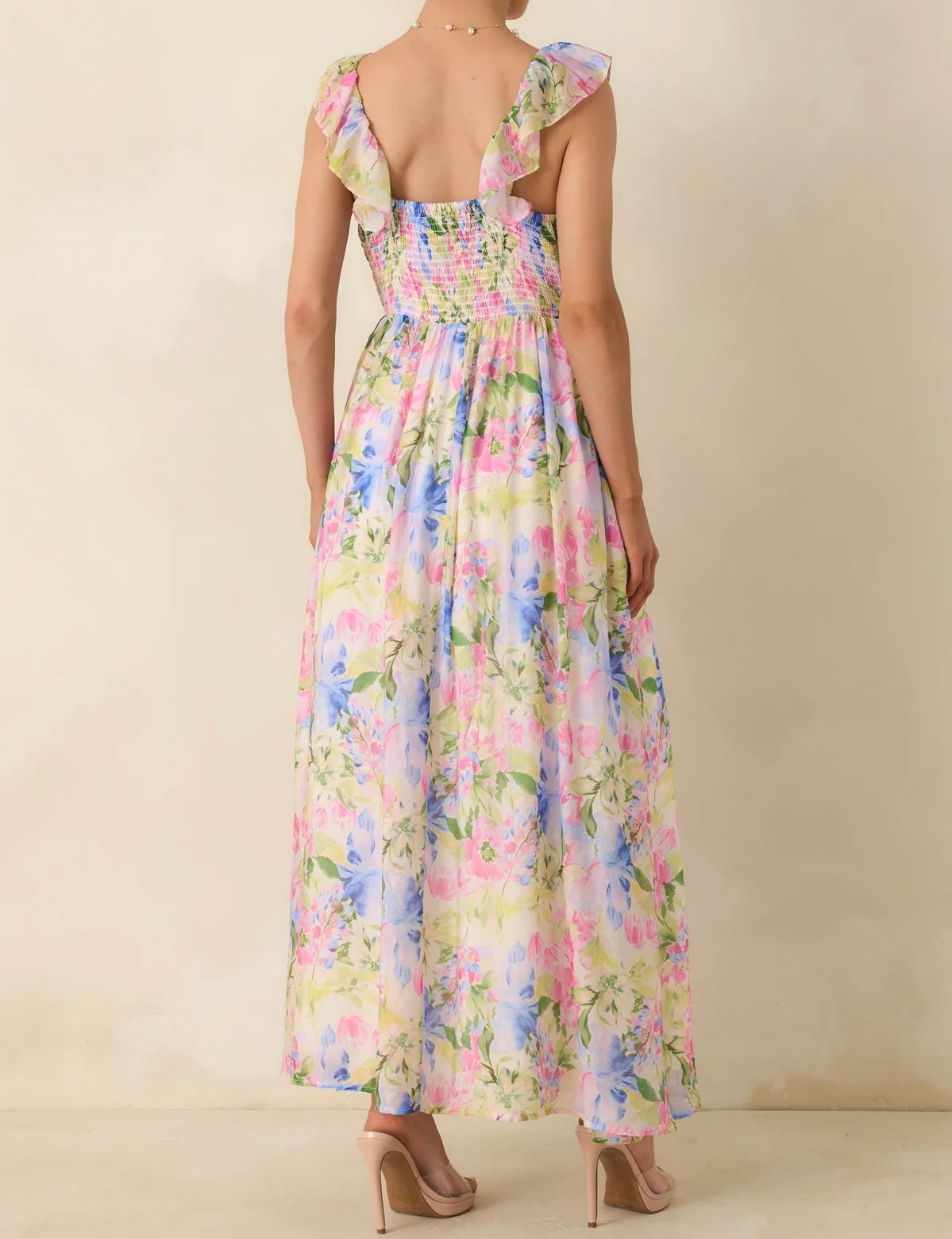CELINA MULTI WATERCOLOR FLORAL RUFFLE MAXI DRESS