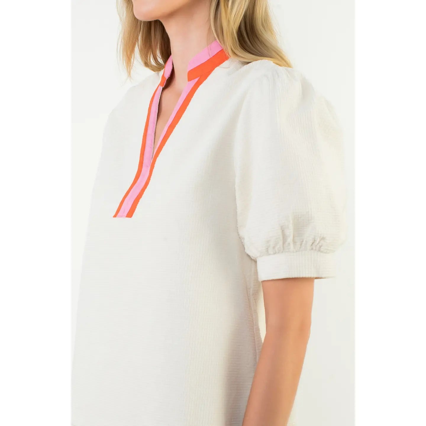 Puff Sleeve Textured V-Neck Top