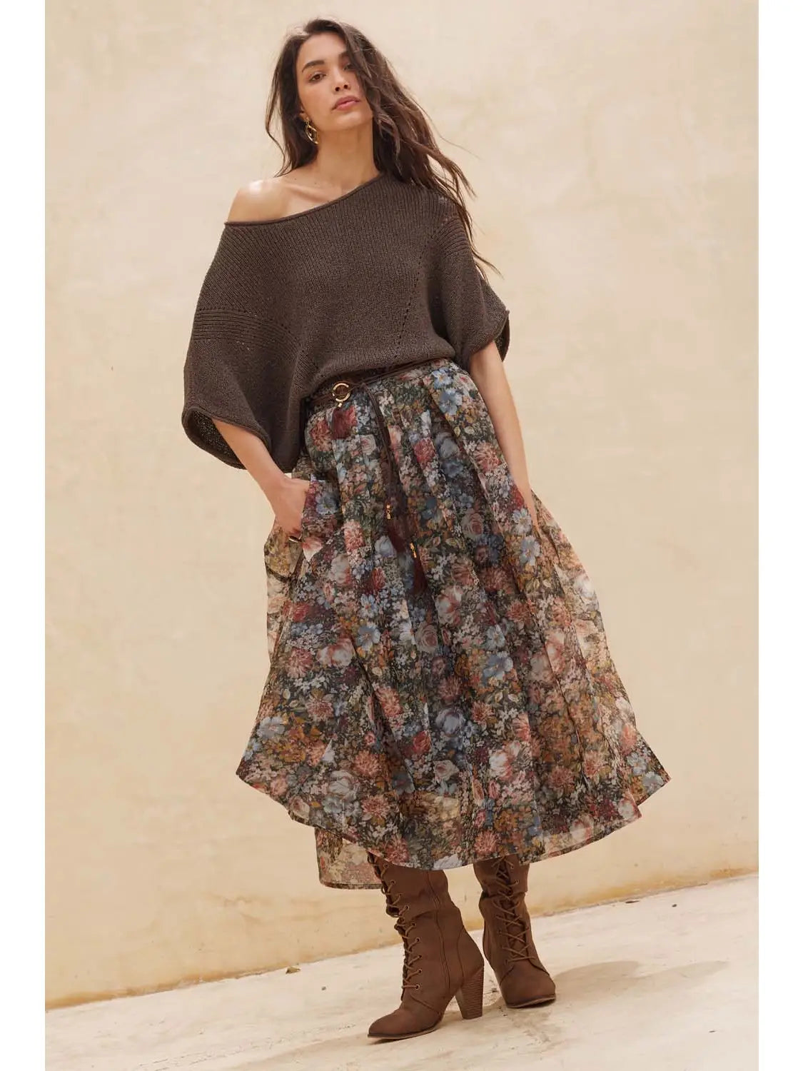 Floral-Print Organza Pleated Midi Skirt