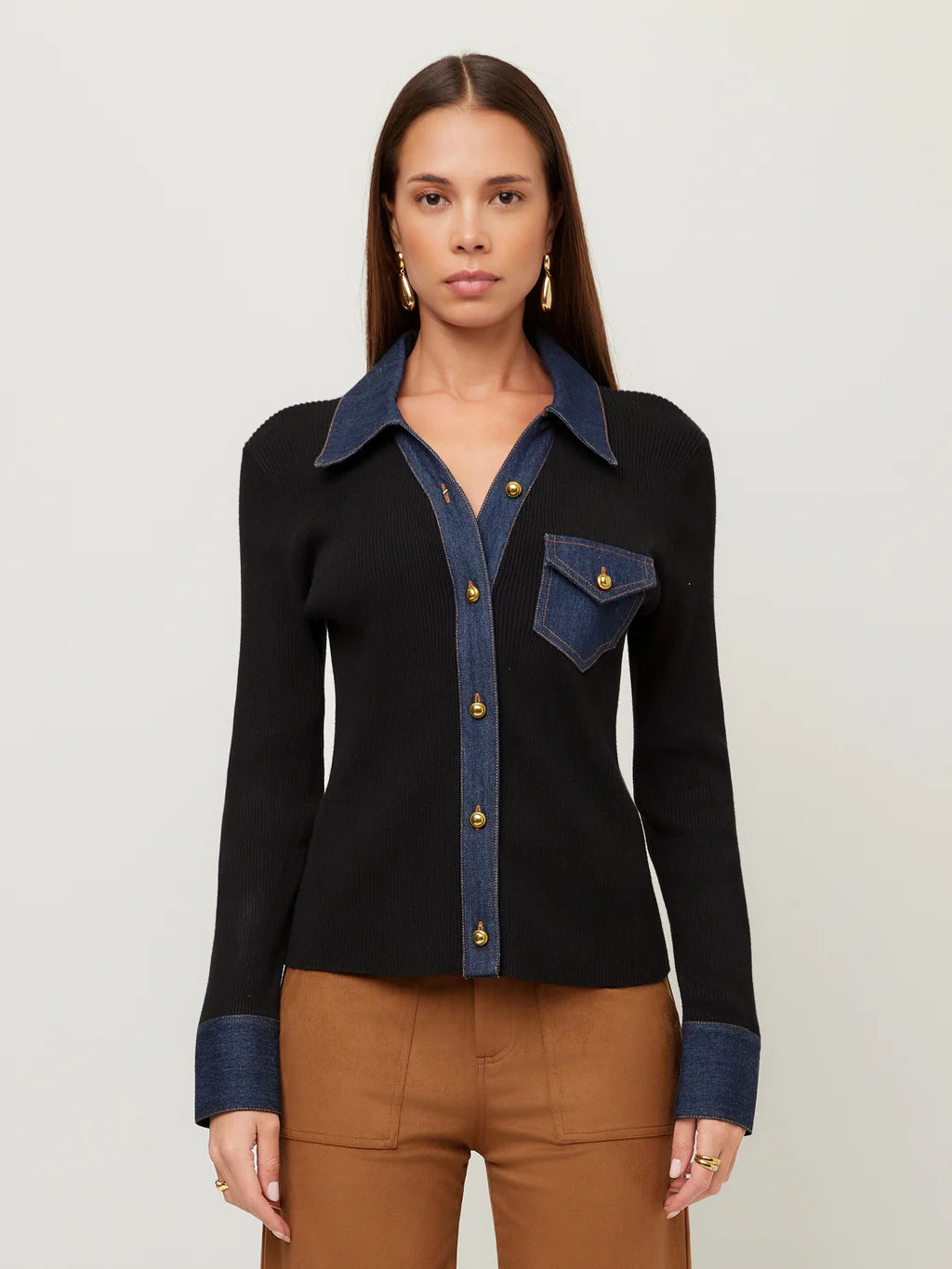 DENIM SWEATER BUTTON UP TOP