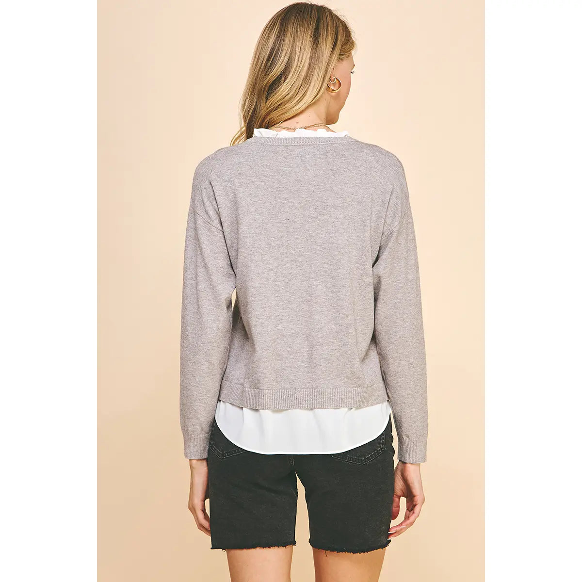 V-Neck Knit Woven Combo Top - Heather Grey