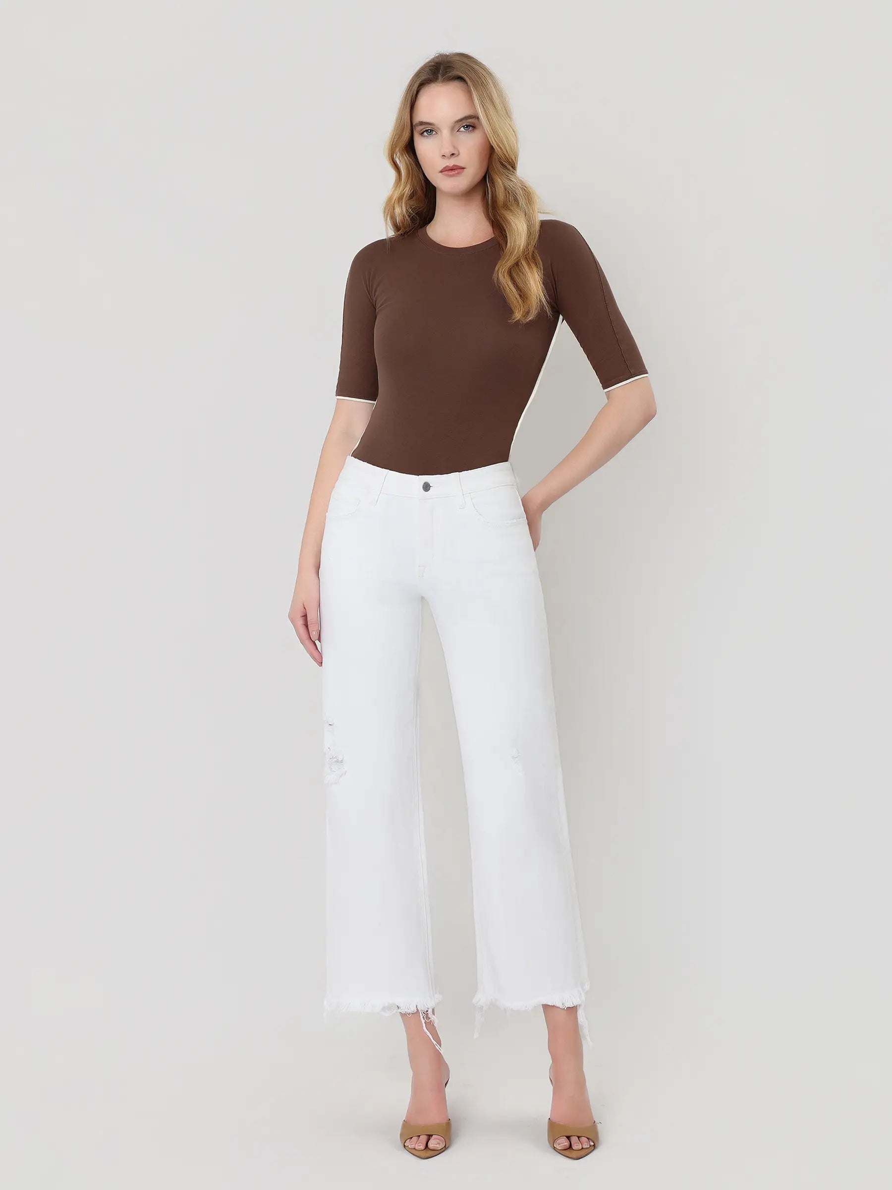 High Rise Uneven Raw Hem Crop Wide Jeans