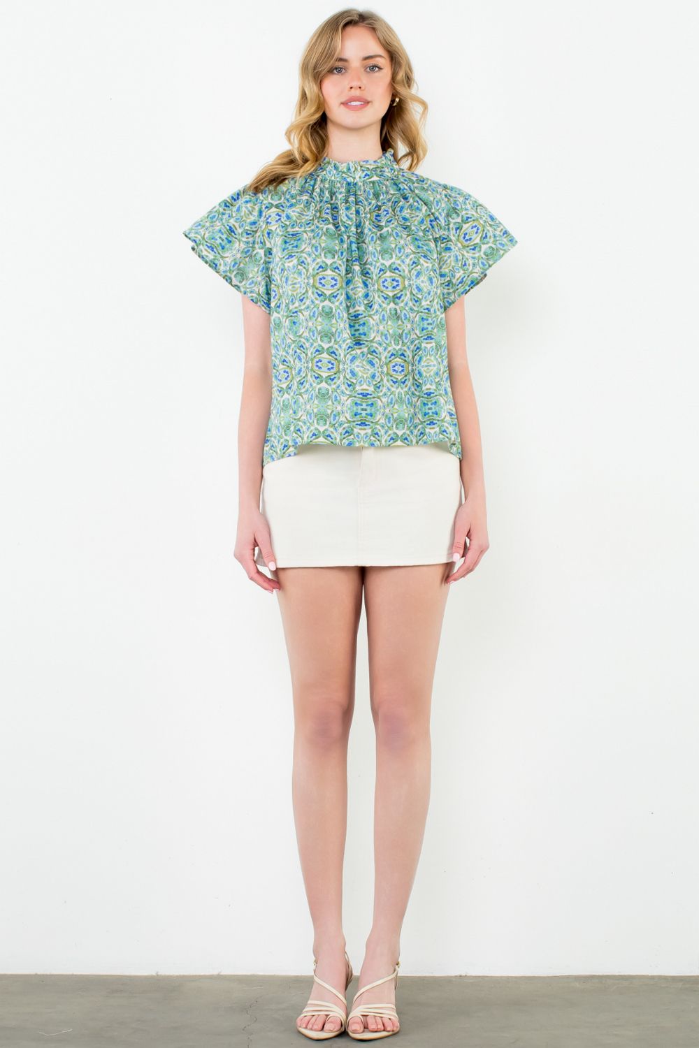 Turquoise Flutter Sleeve Print Top