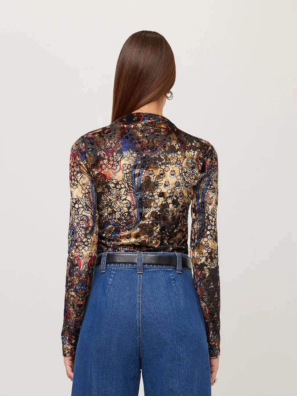 KHAMI VELVET BURNOUT SHIRRED TOP