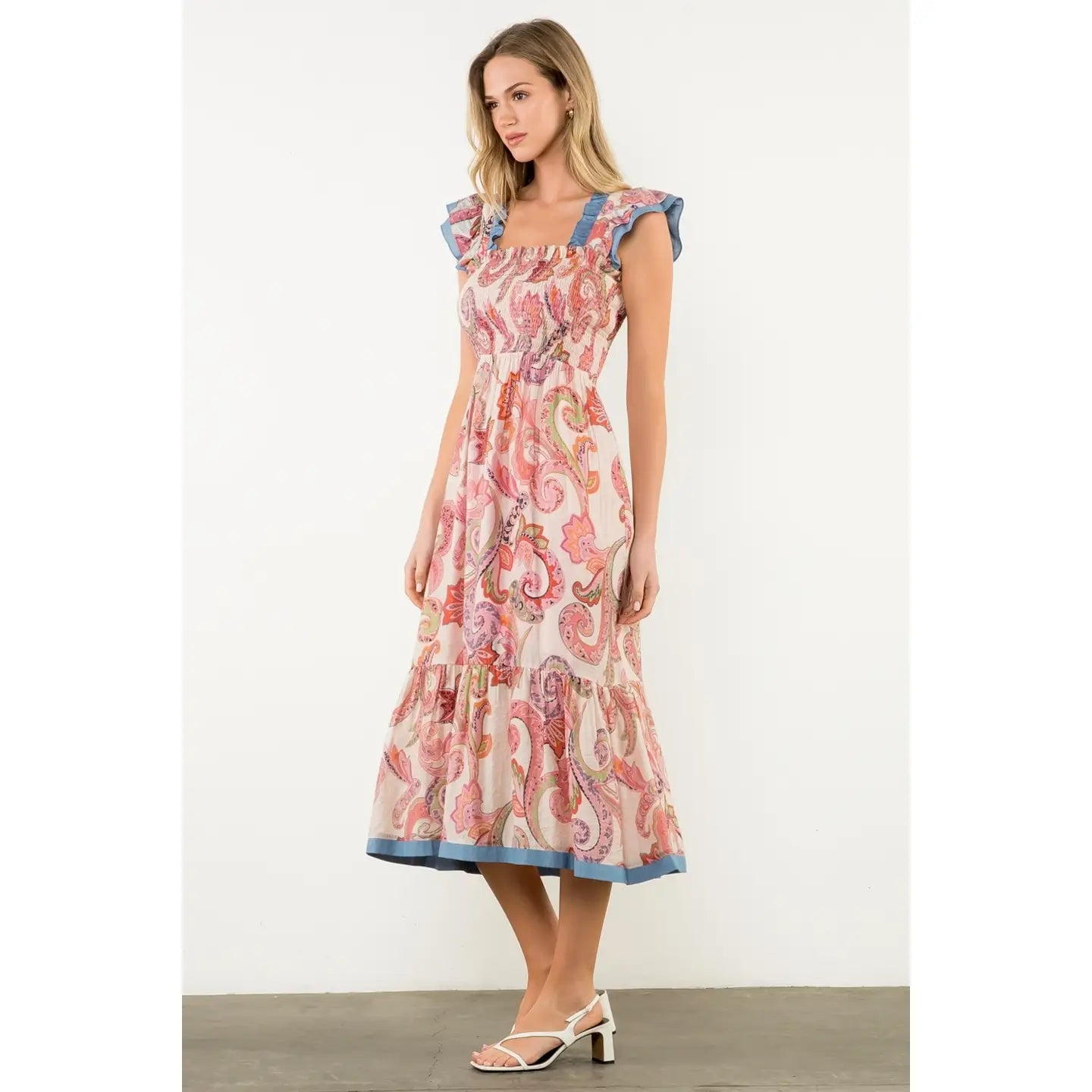Smocked Flutter Sleeve Paisley Print Maxi Dress