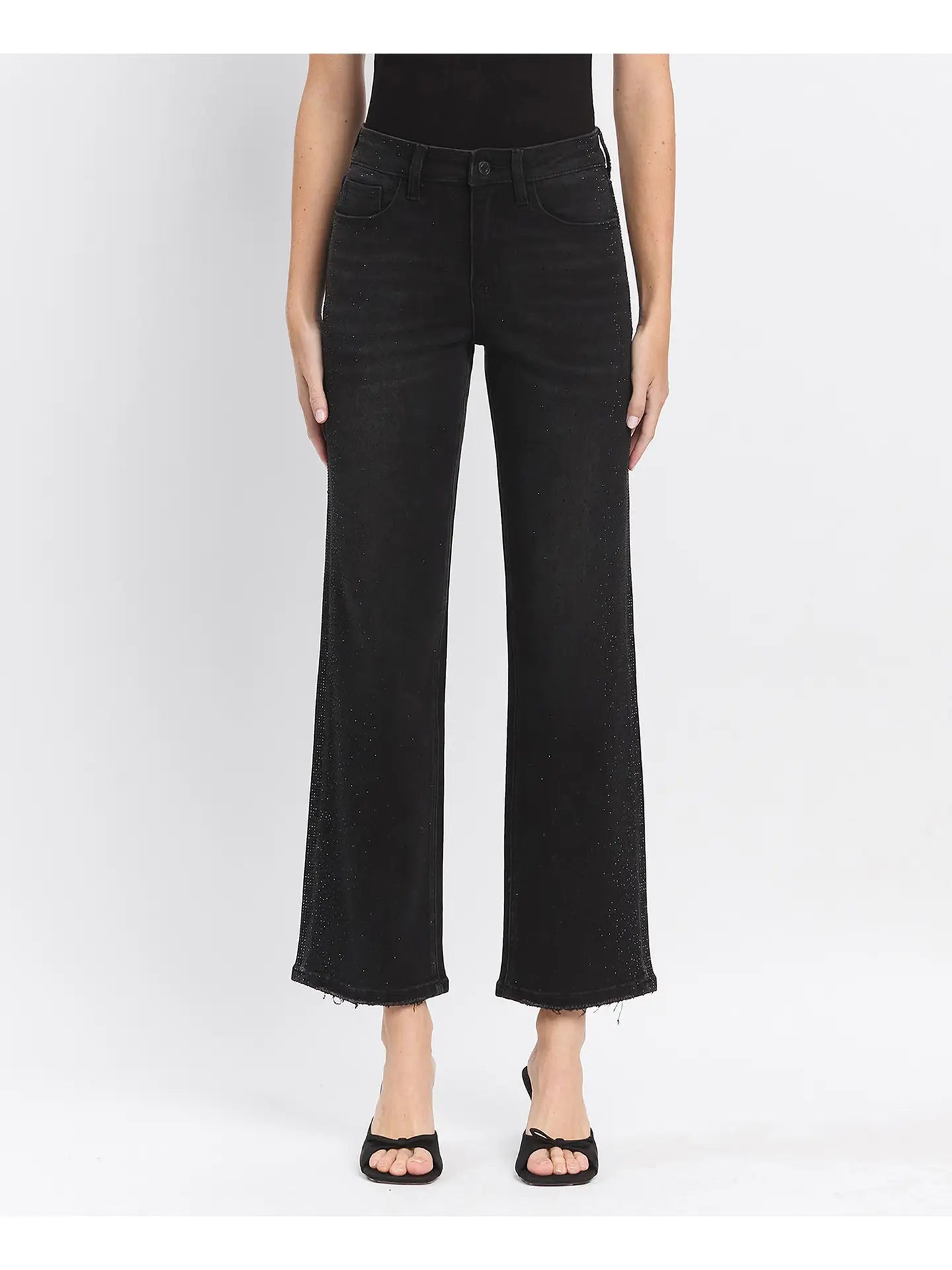 High Rise Rhinestone Detail Slim Wide Jeans