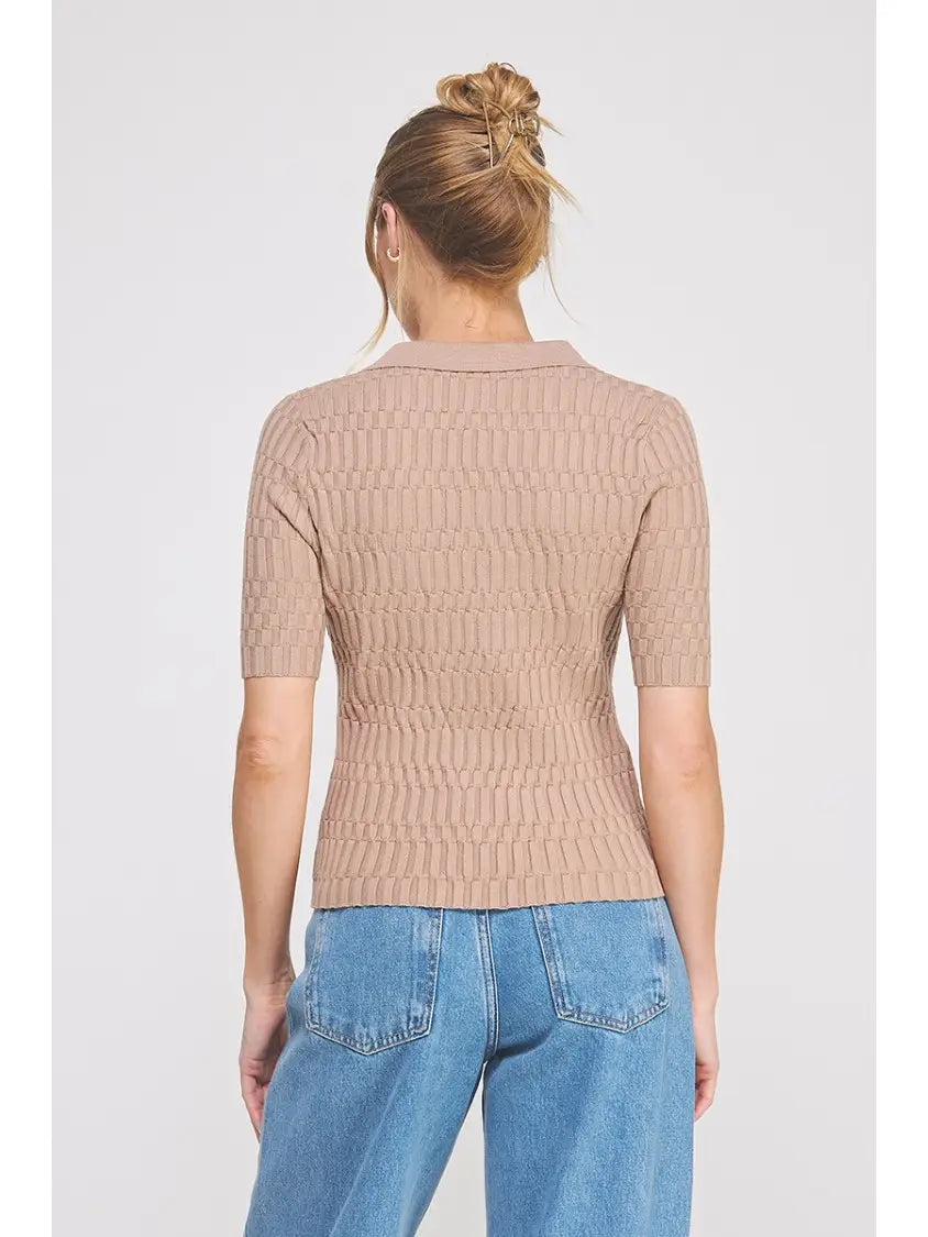 Patterned Rib Fine Gauge Polo Top