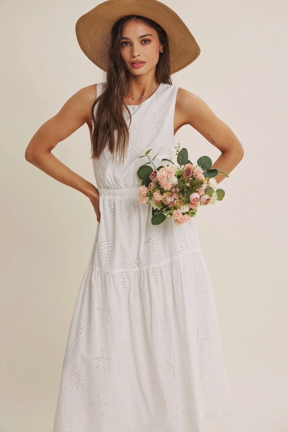 Sea Waves Seashell Eyelet Midi with Criss Cross Open Back