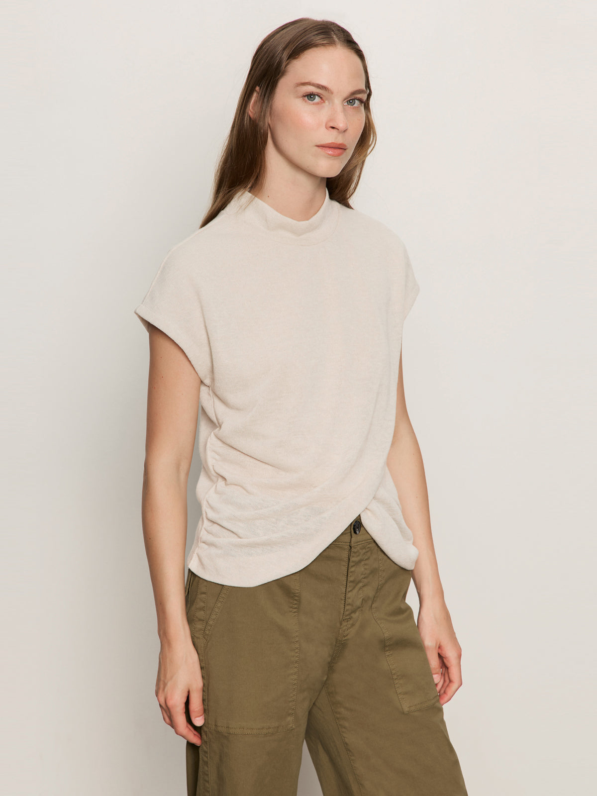 DRAPED SLEEVELESS MOCK NECK TOP MOTHER OF PEARL