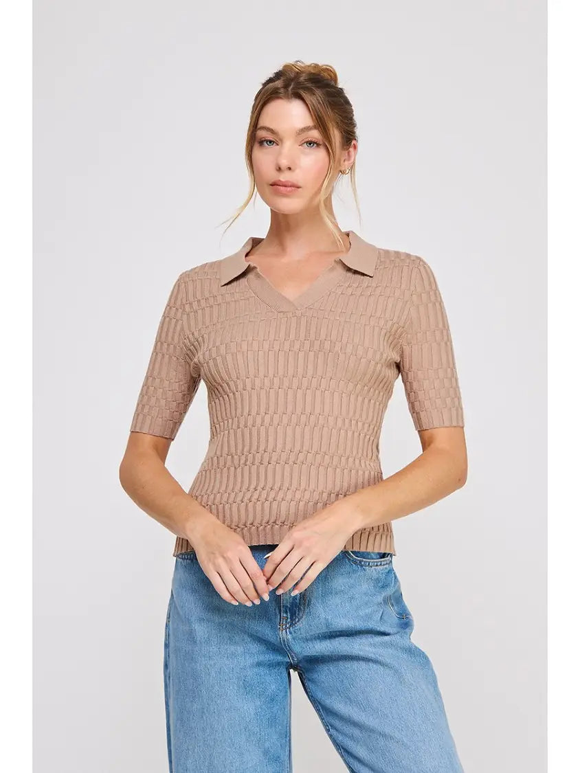 Patterned Rib Fine Gauge Polo Top