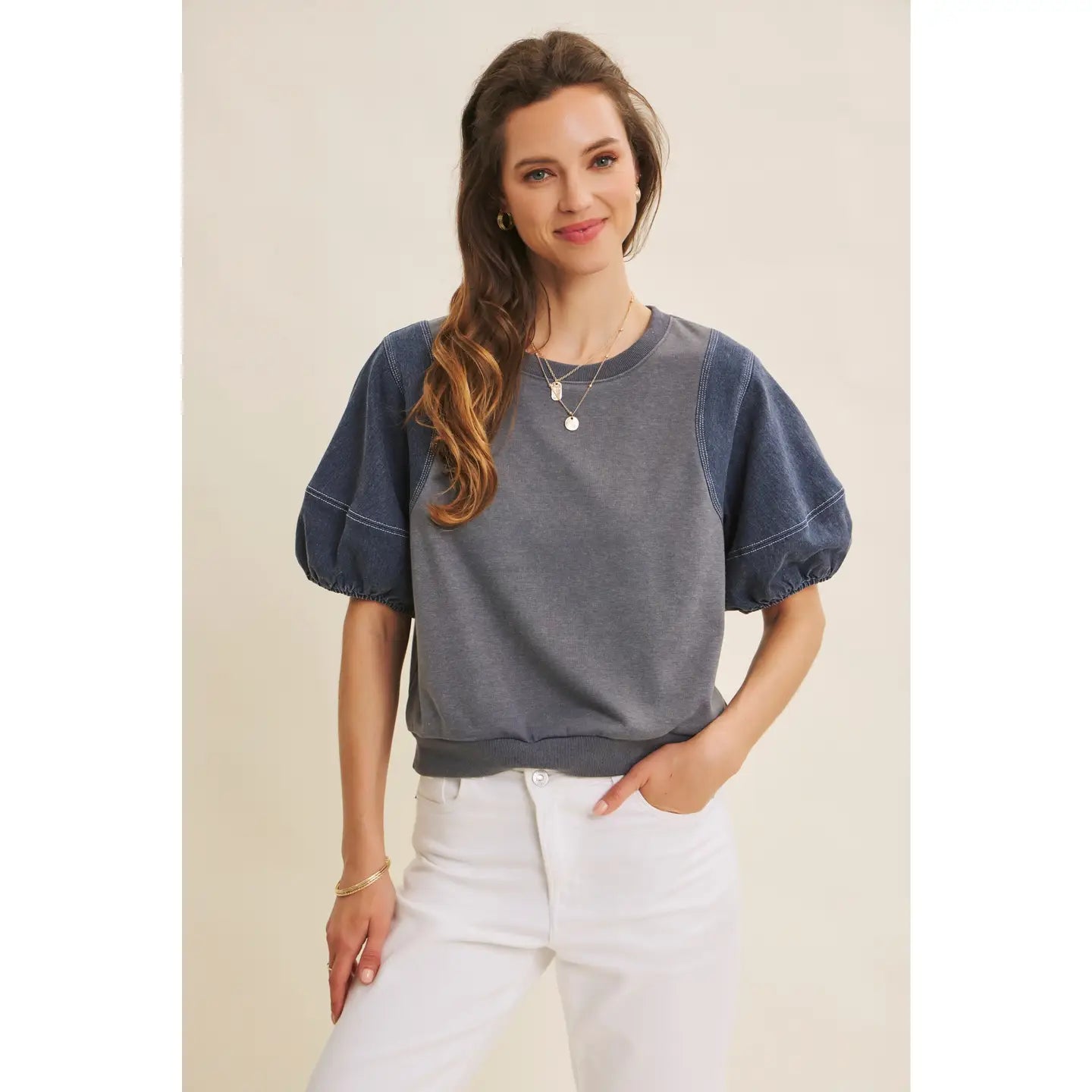 Mineral-Washed Fabric Mix Top with Contrast Stitching