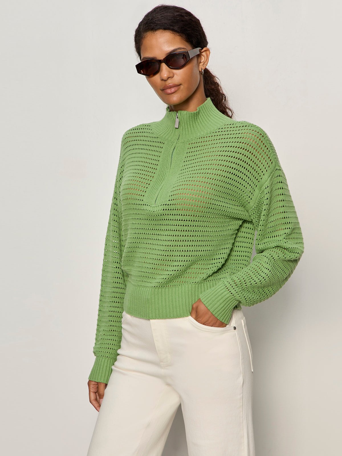 OPEN KNIT 1/2 ZIP SWEATER DETOX GREEN