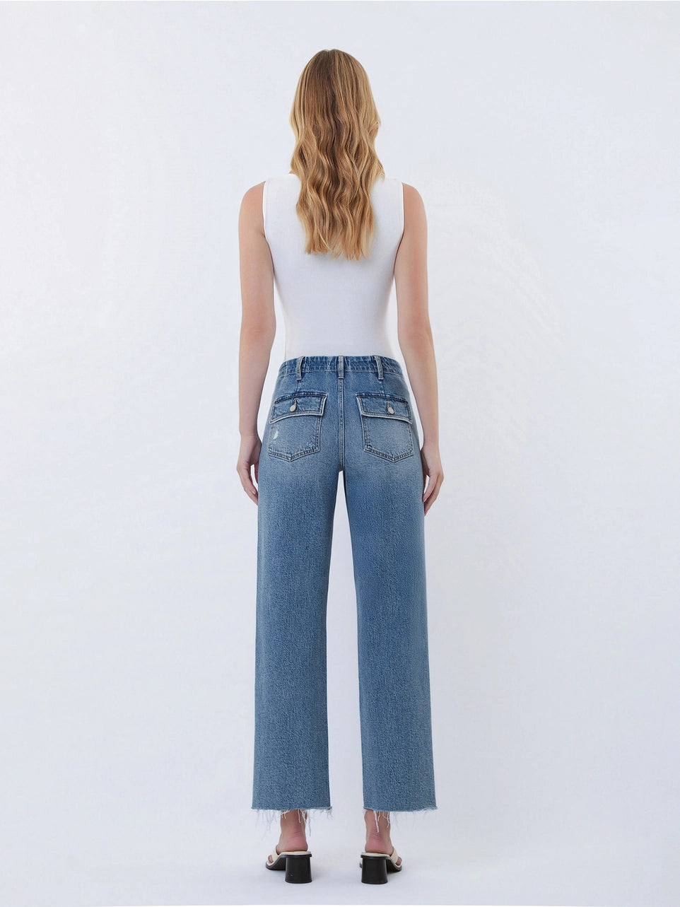 High Rise Patch Pocket Slim Wide Jeans