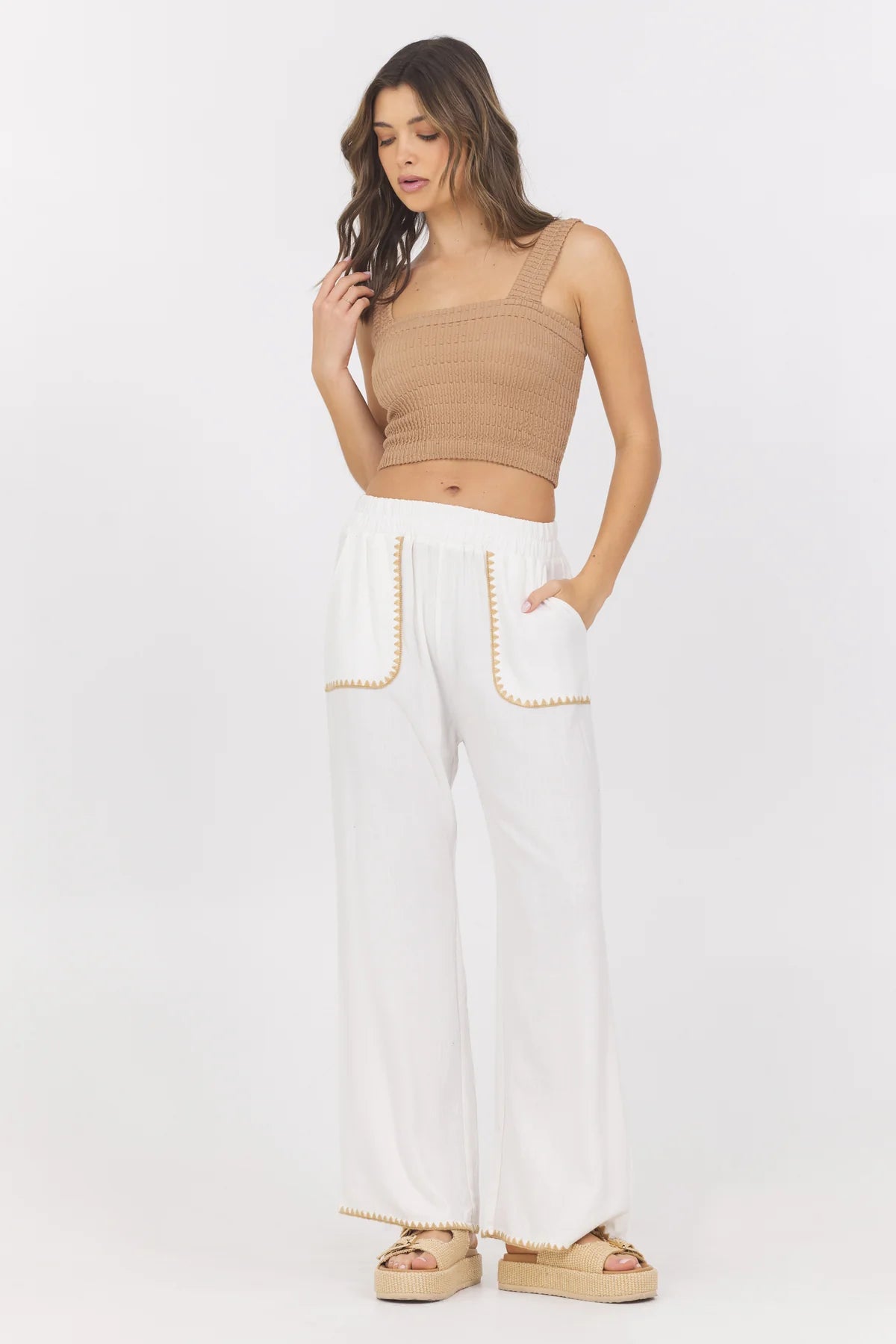 White Wide Leg Pant w/ Tan Whip Stitch