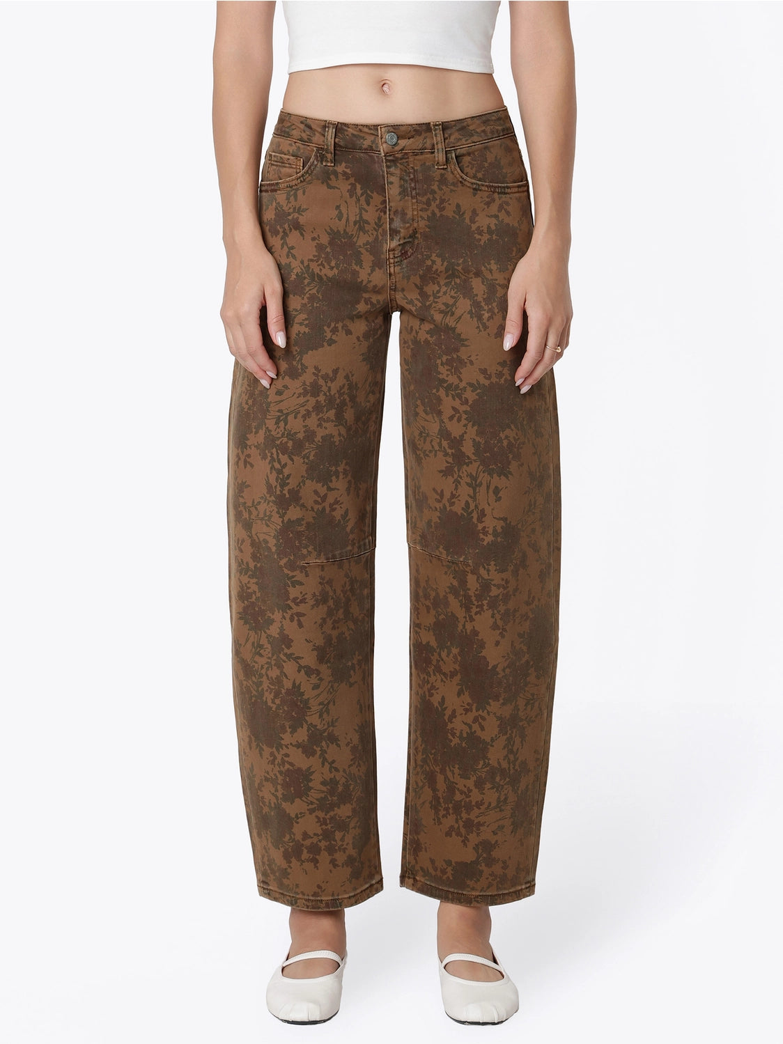 High Rise Brown Floral Print Barrel Jeans