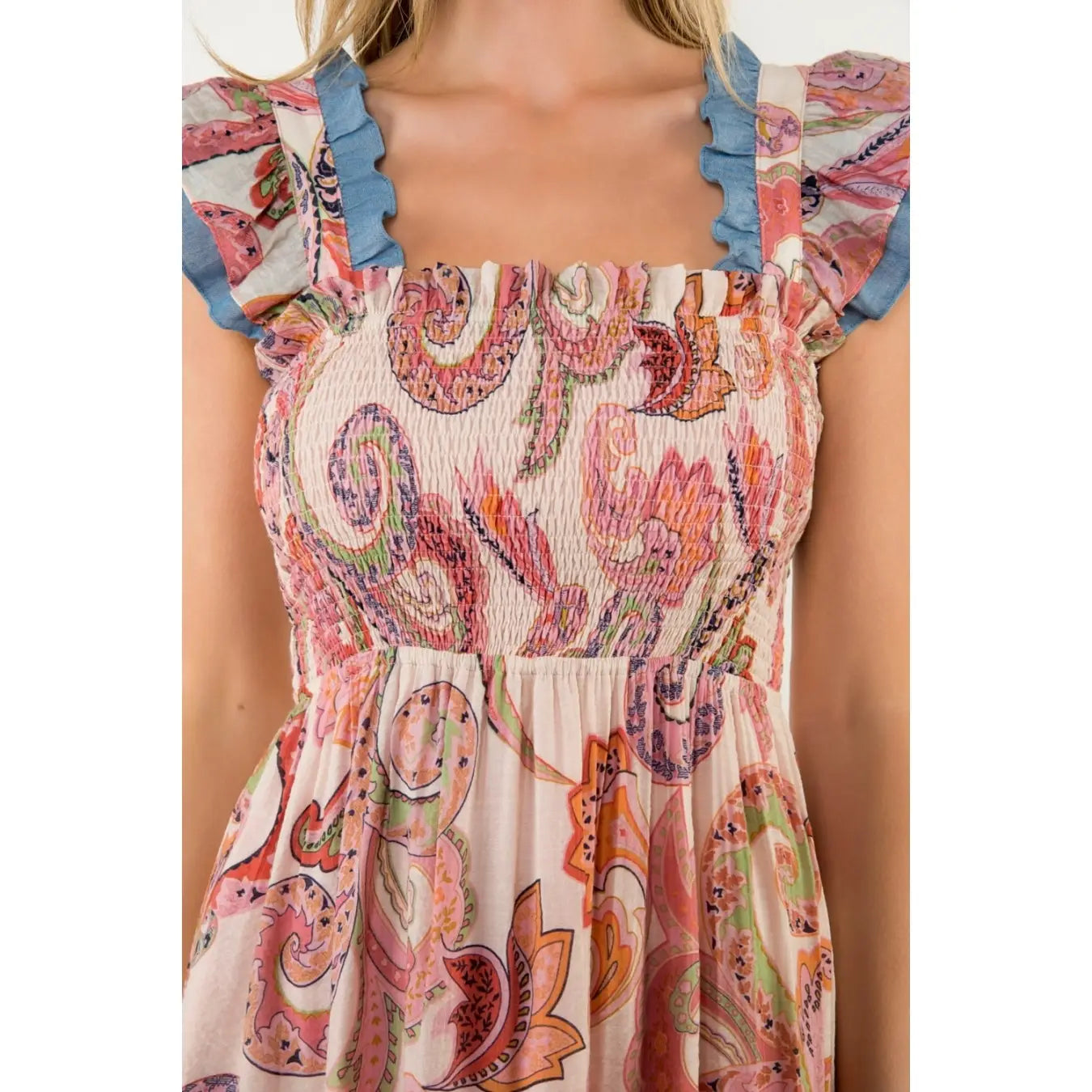 Smocked Flutter Sleeve Paisley Print Maxi Dress