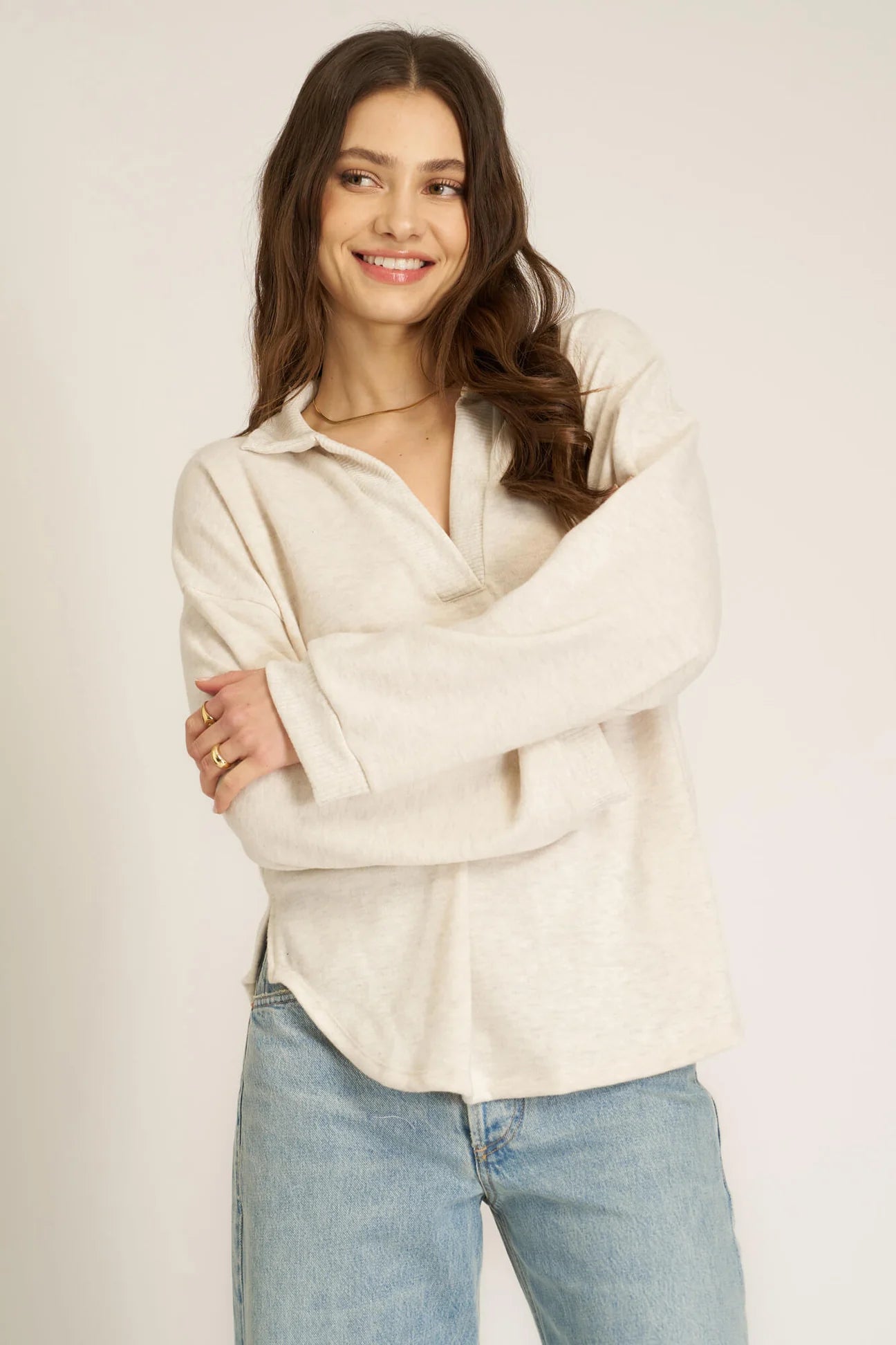 CHIARA COZY COLLARED PULLOVER - OATMEAL