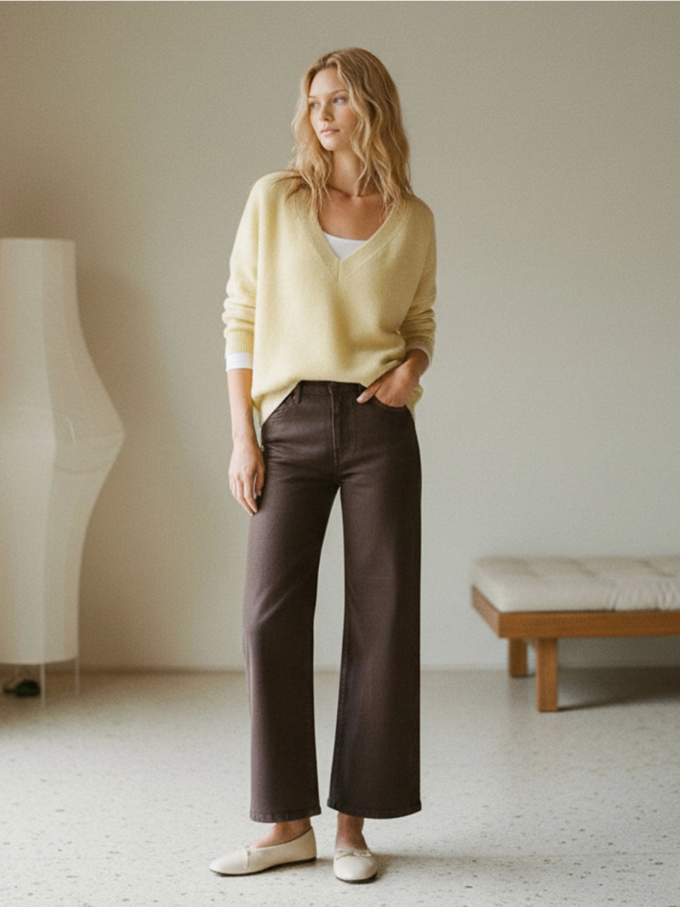 High Rise Chicory Coffee Coated Wide Leg Jeans