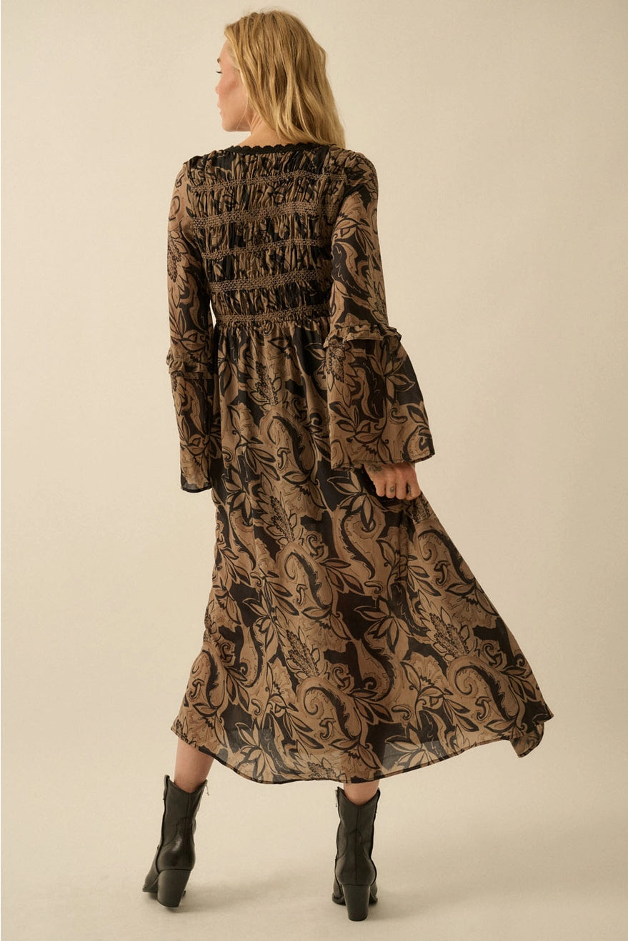 Floral Smocked Bell-Sleeve Button-Front Midi Dress