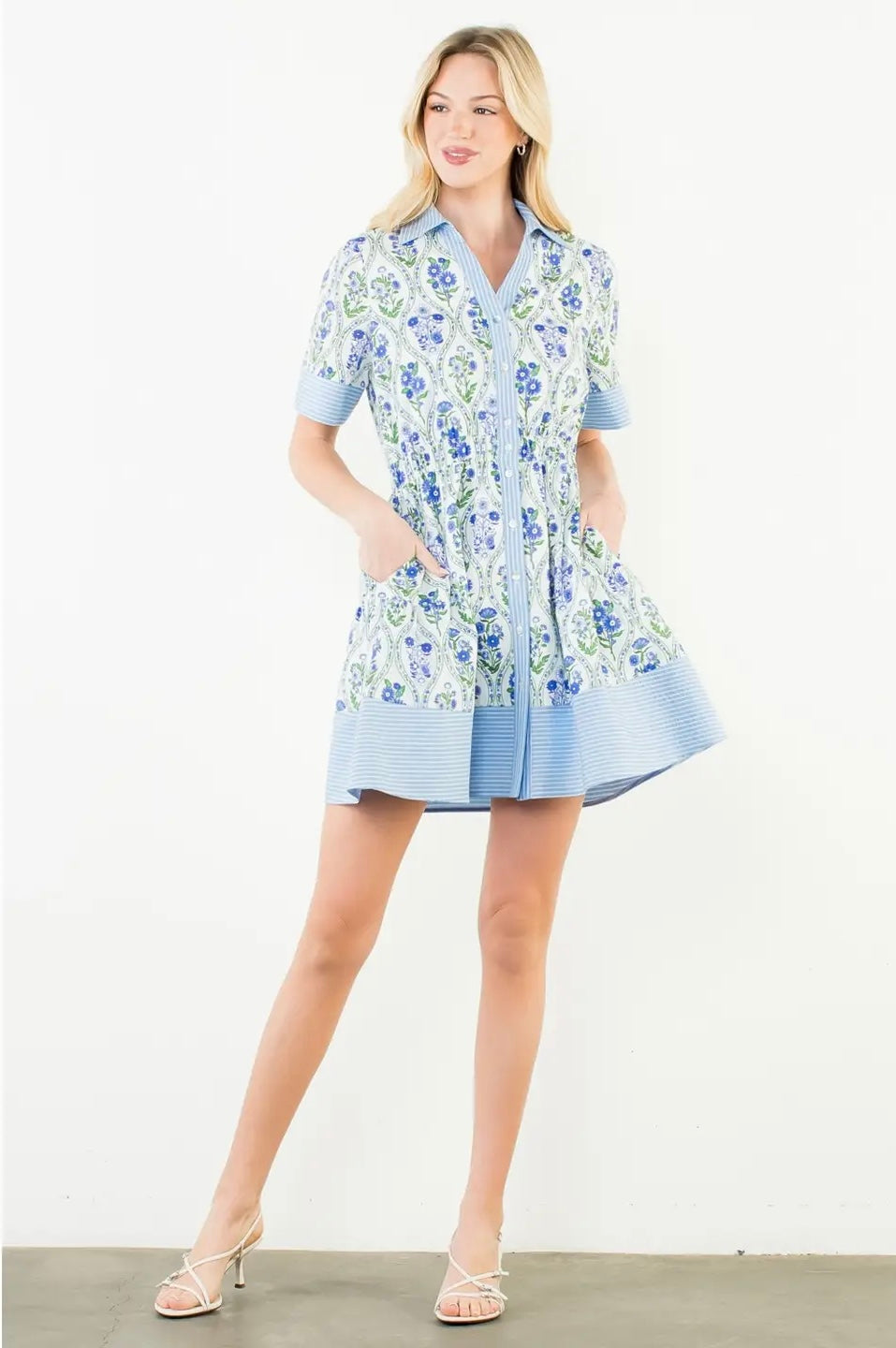 Short Sleeve Button Down Floral Pattern Dress