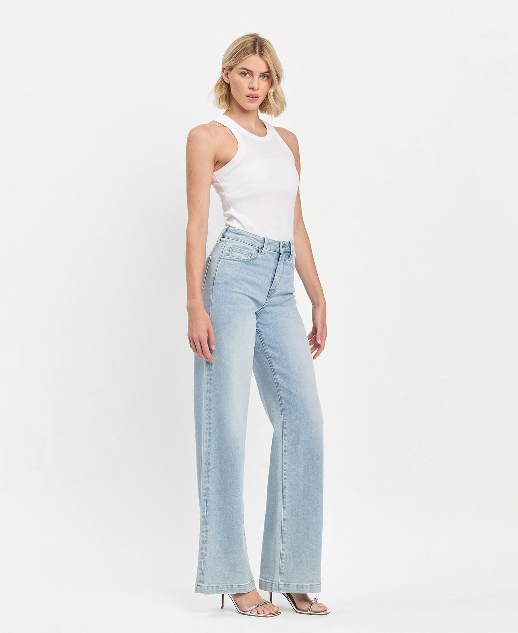 High Rise Full Length Light Wash Wide Leg Jeans