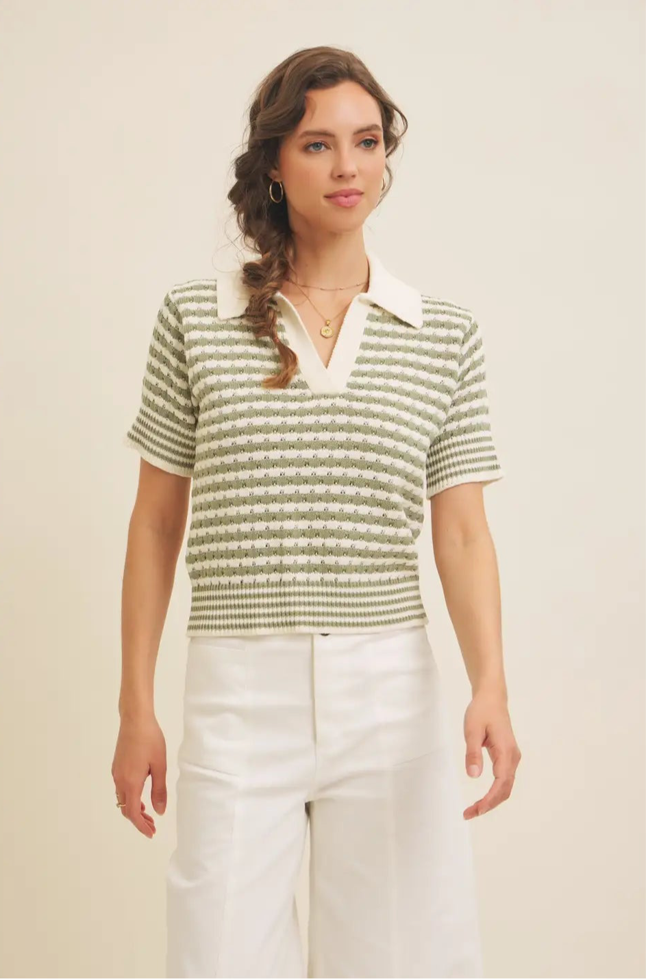 Soft Textured Cotton Stripe Sweater Top with Drop Shoulders