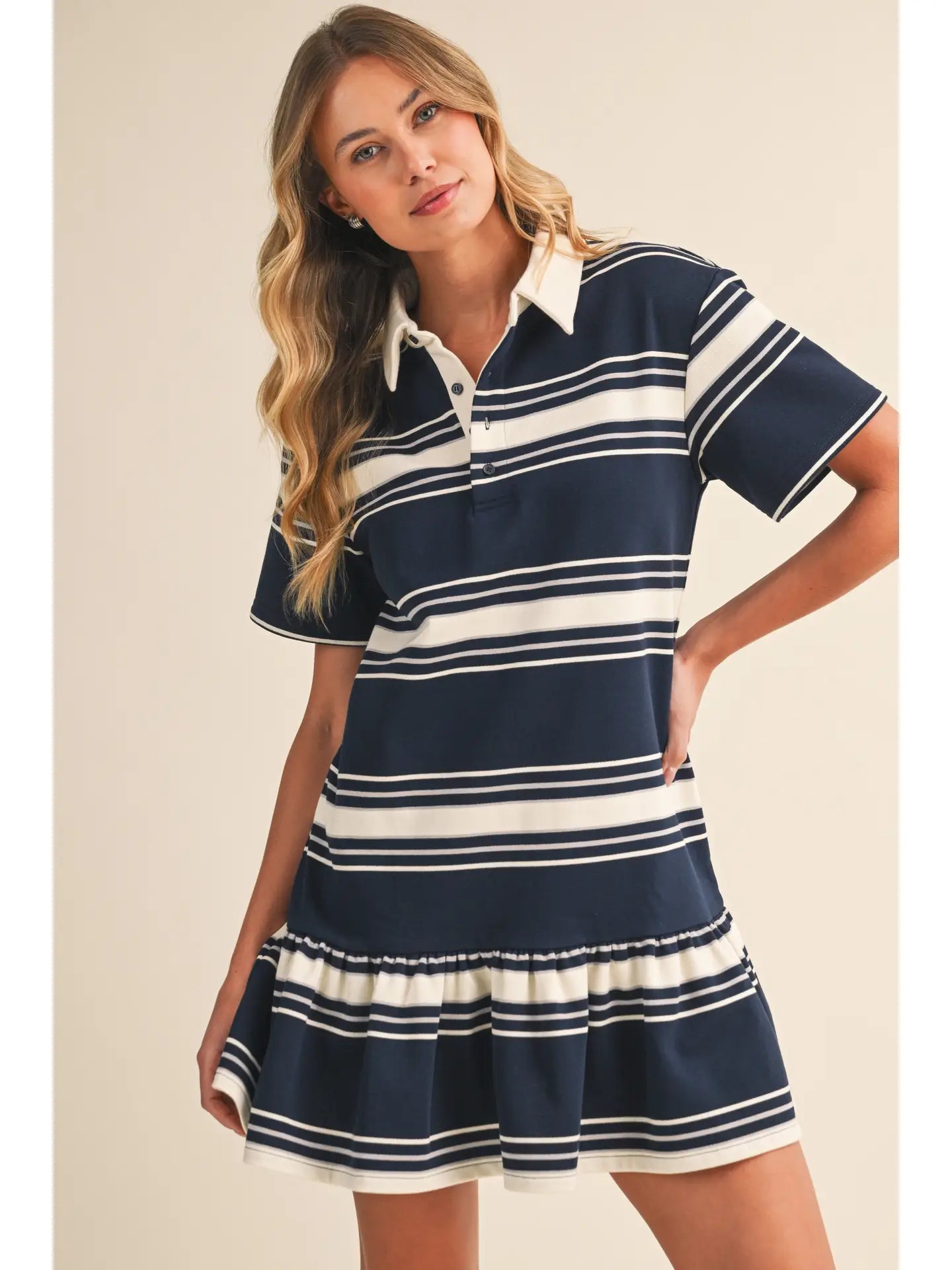 Stripe Short Sleeve Bottom Ruffled Rugby Mini Dress