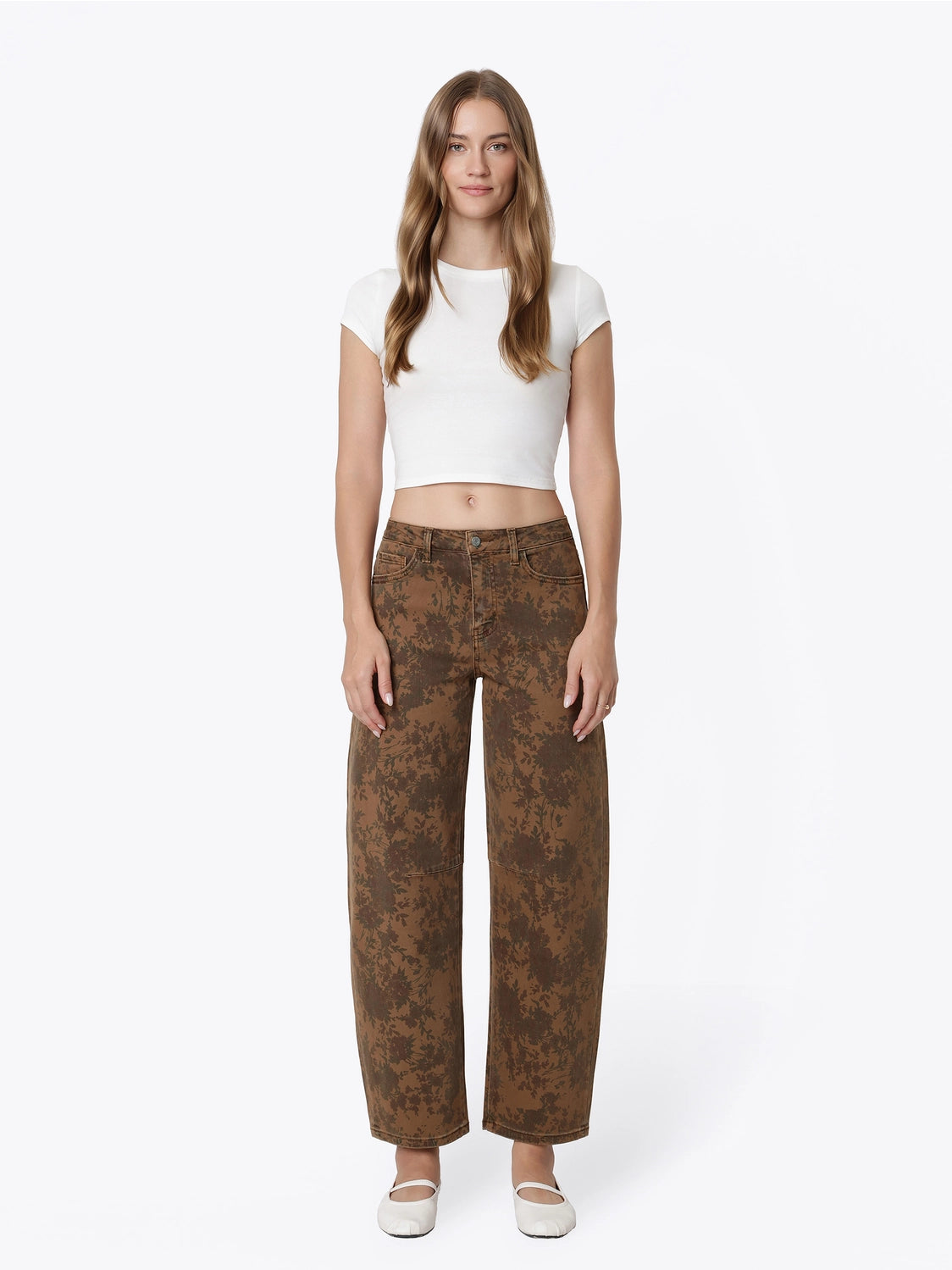 High Rise Brown Floral Print Barrel Jeans