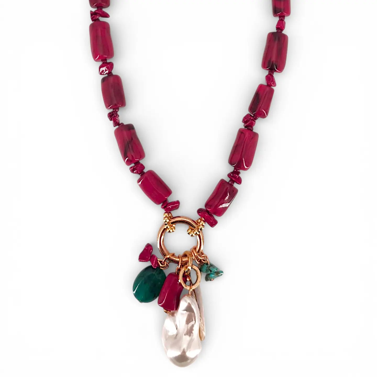 Red Coral & Pearl Beaded Charm Necklace | Coastal Statement