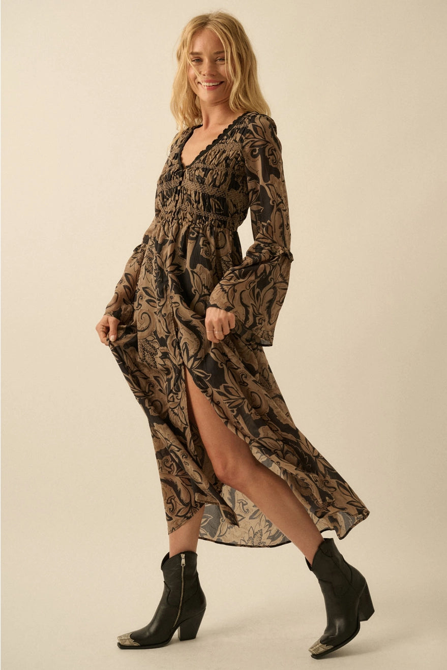 Floral Smocked Bell-Sleeve Button-Front Midi Dress