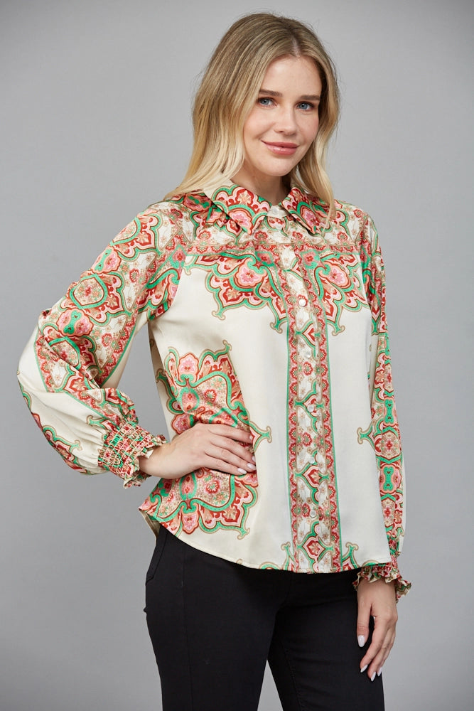 Abstract Border Print Button Down Blouse