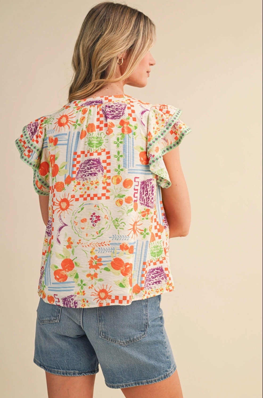 Summer Print Flutter Sleeve Floral Trim Top