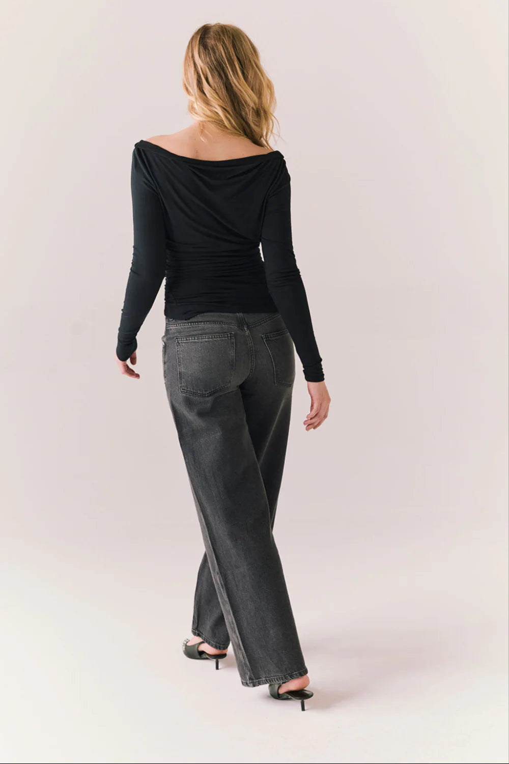 Ivy Black Long Sleeve Top – Off-the-Shoulder Fitted Shirt in True Black
