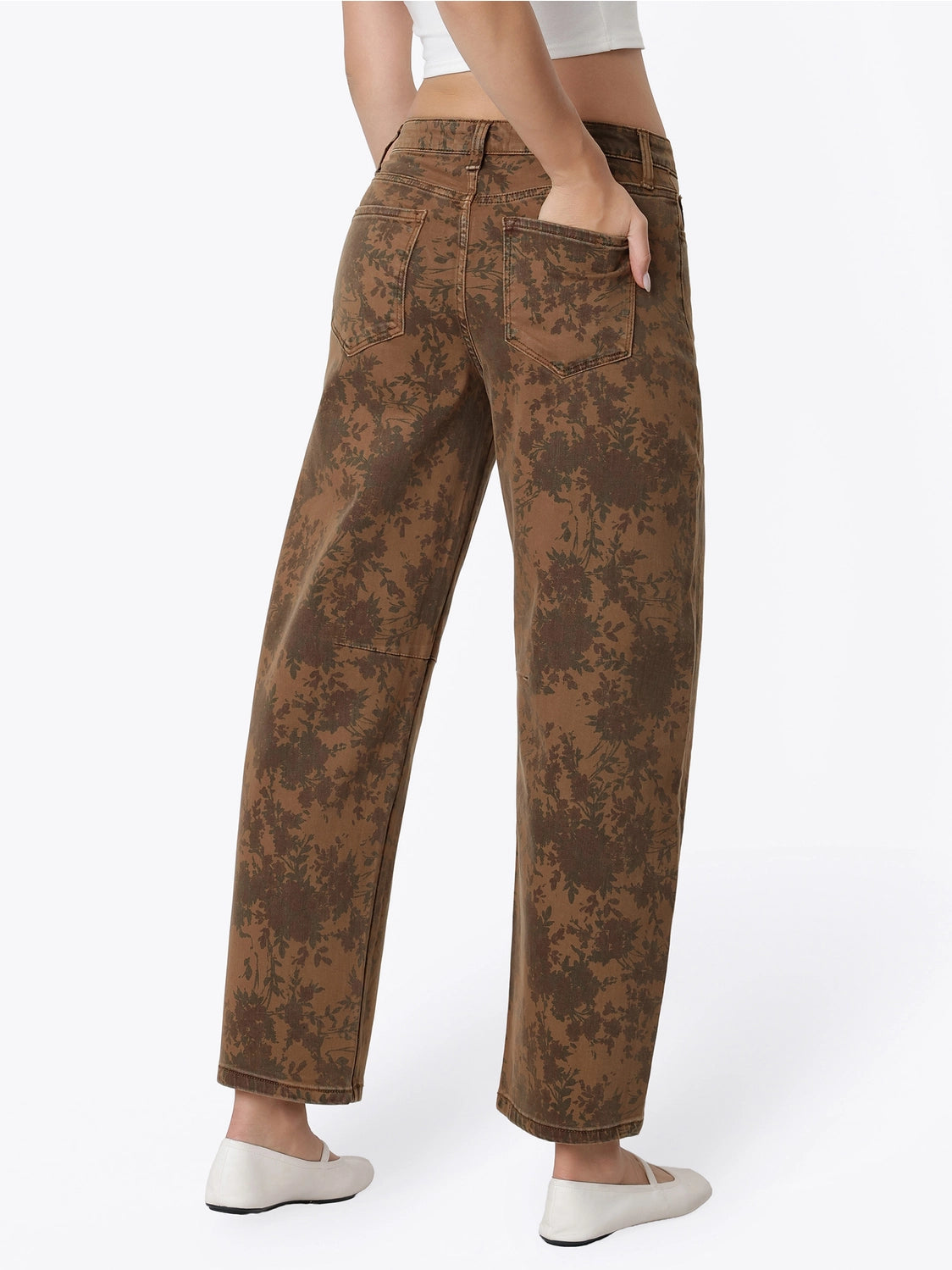 High Rise Brown Floral Print Barrel Jeans