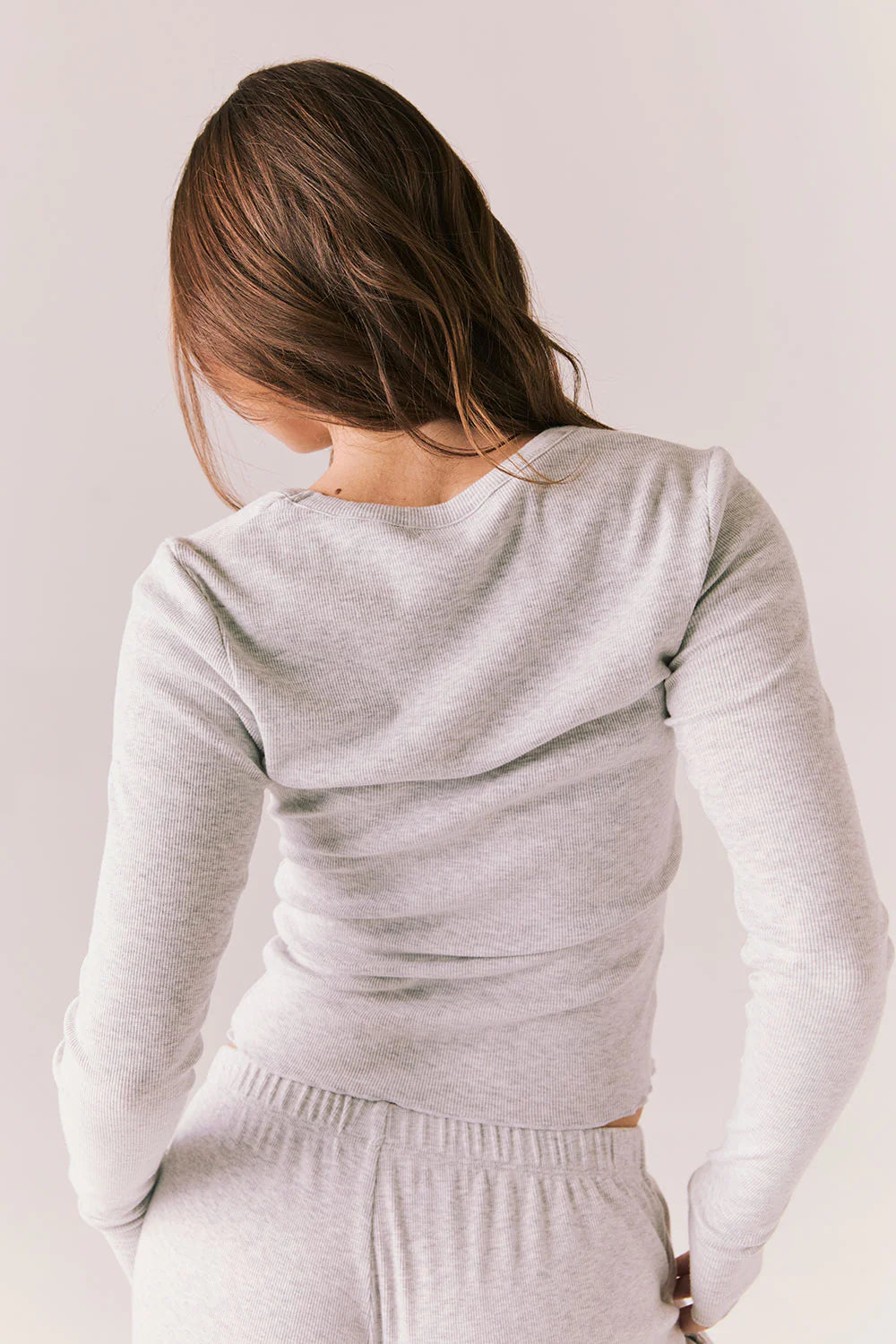 Moonlight Grey Long Sleeve – Fitted Ribbed Top with Thumb Holes