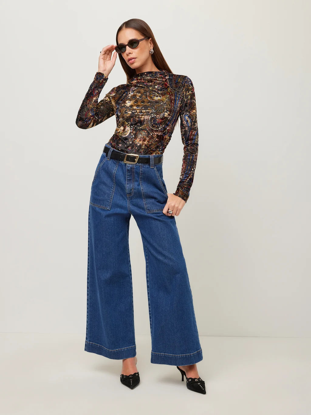KHAMI VELVET BURNOUT SHIRRED TOP