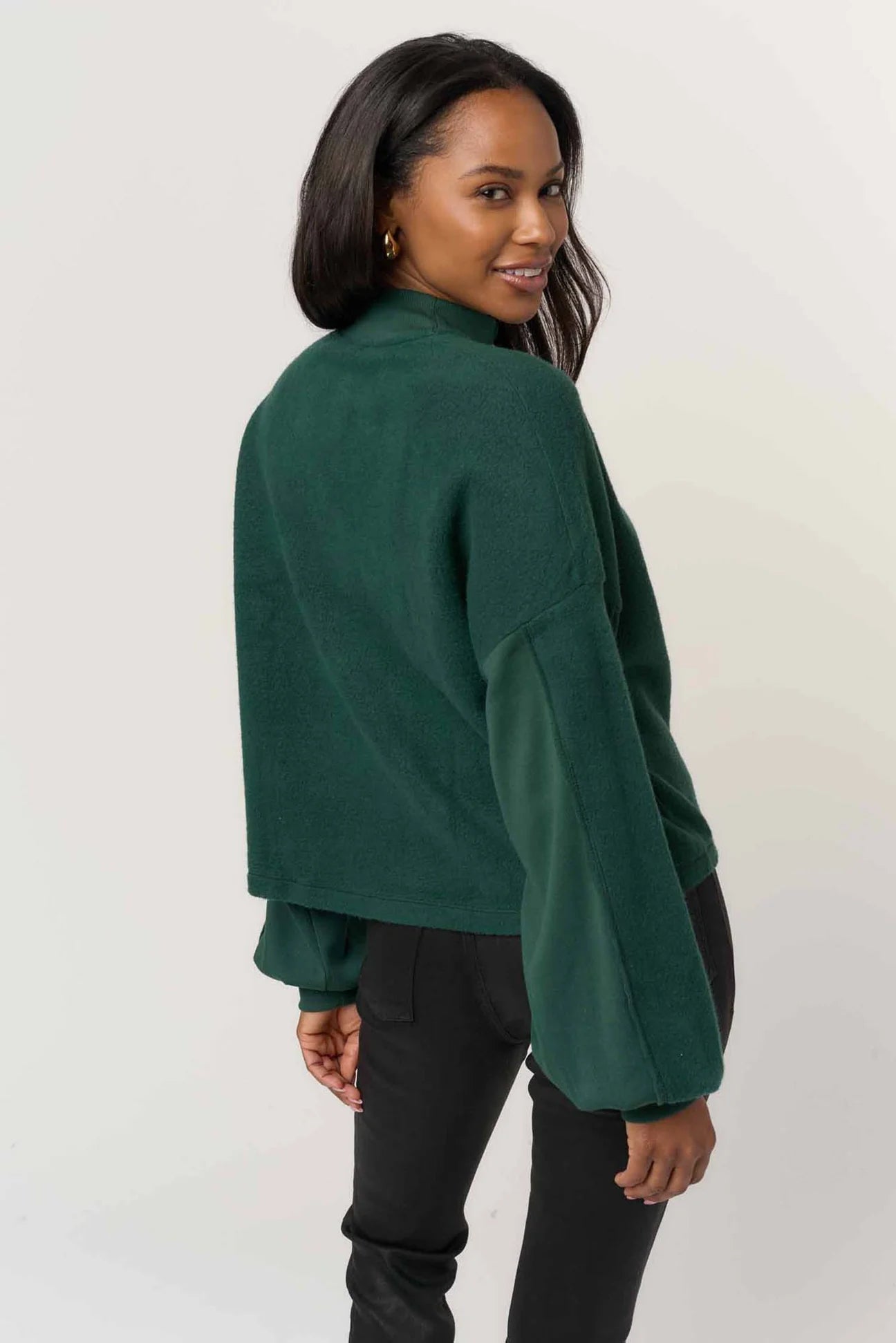 SATURN MIXED FLEECE HENLEY SWEATSHIRT - MIDNIGHT EMERALD