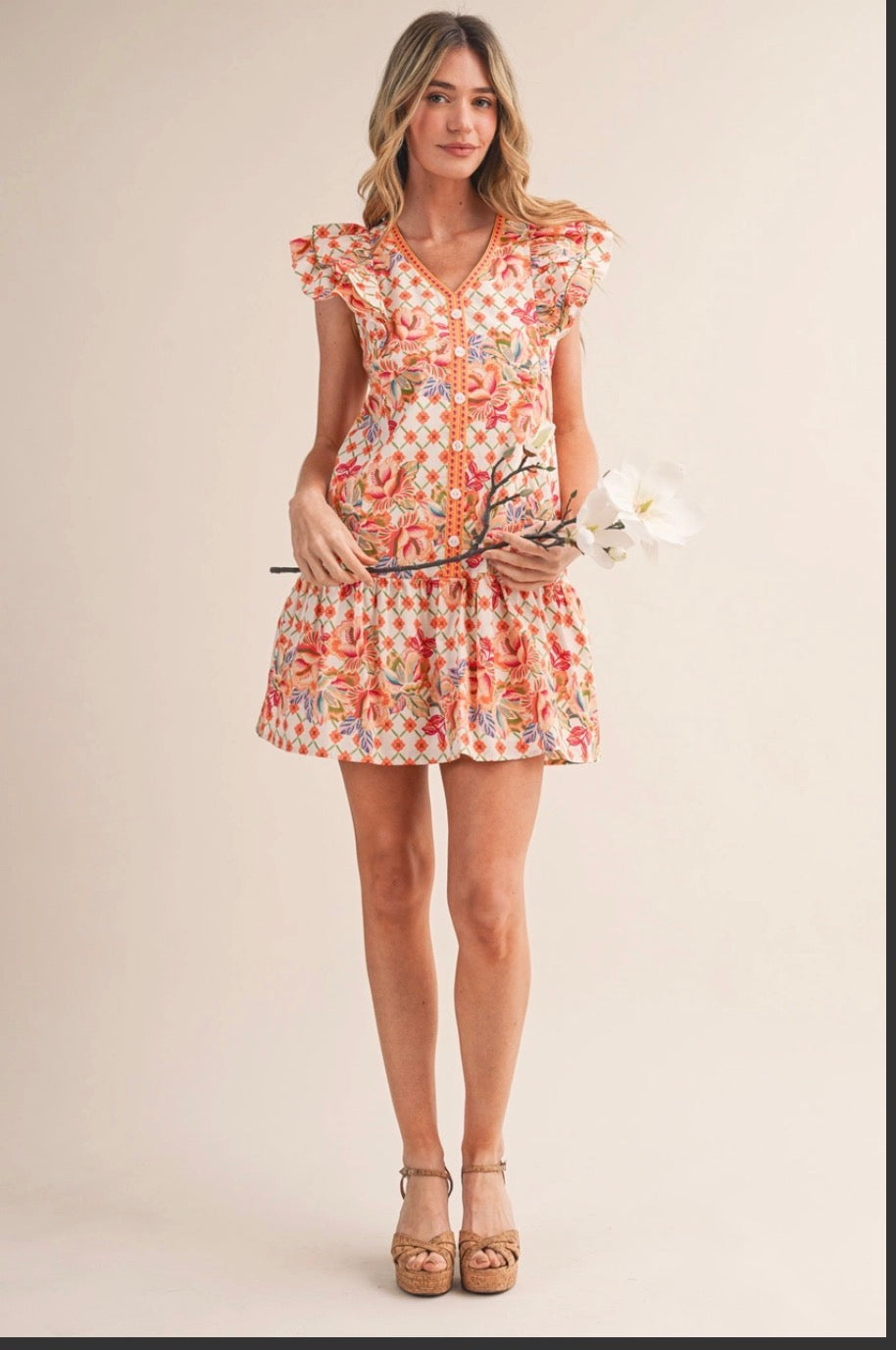 Floral Print Flutter Sleeve Mini Dress