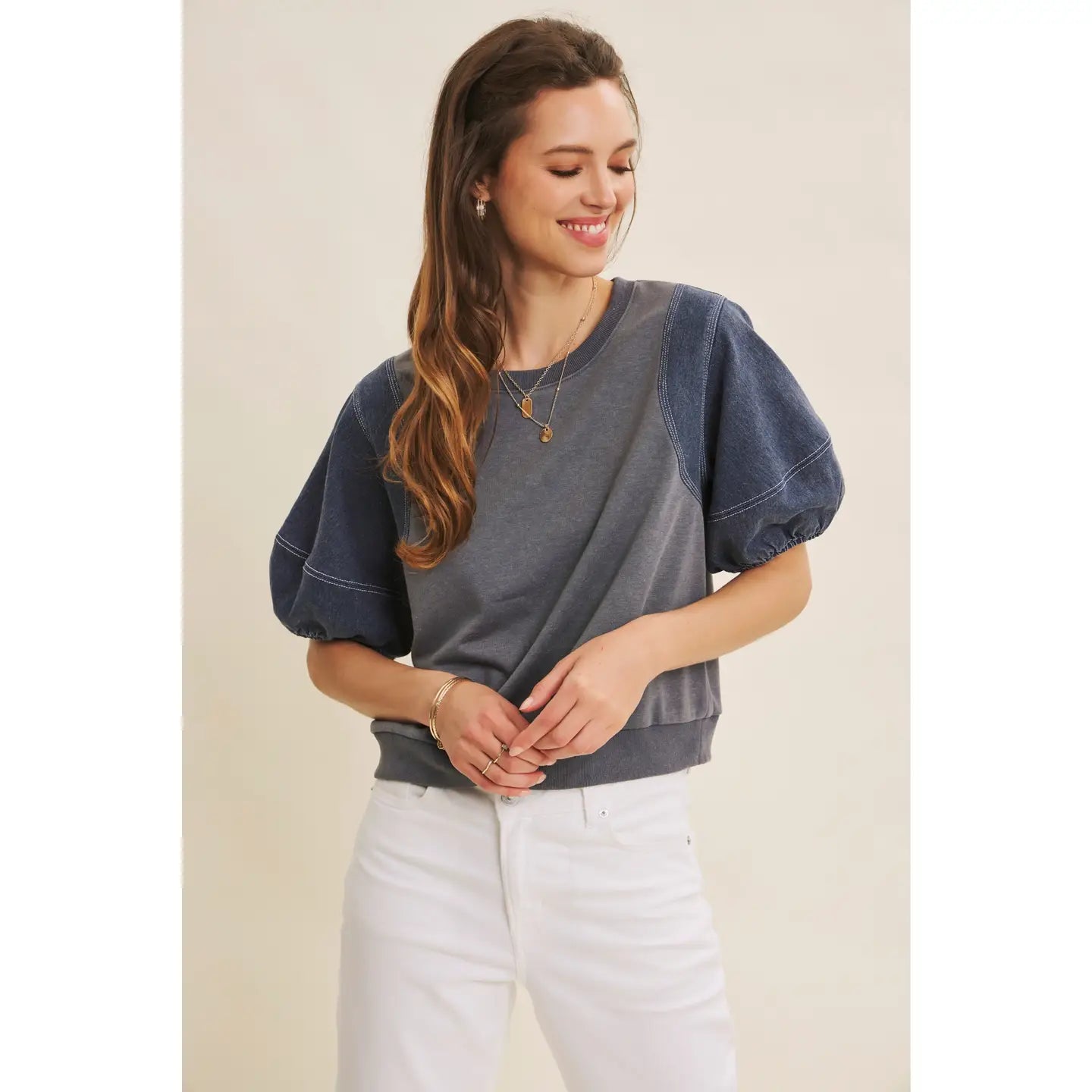 Mineral-Washed Fabric Mix Top with Contrast Stitching