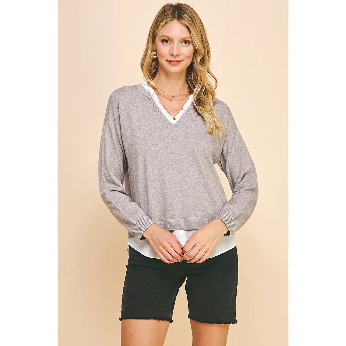 V-Neck Knit Woven Combo Top - Heather Grey