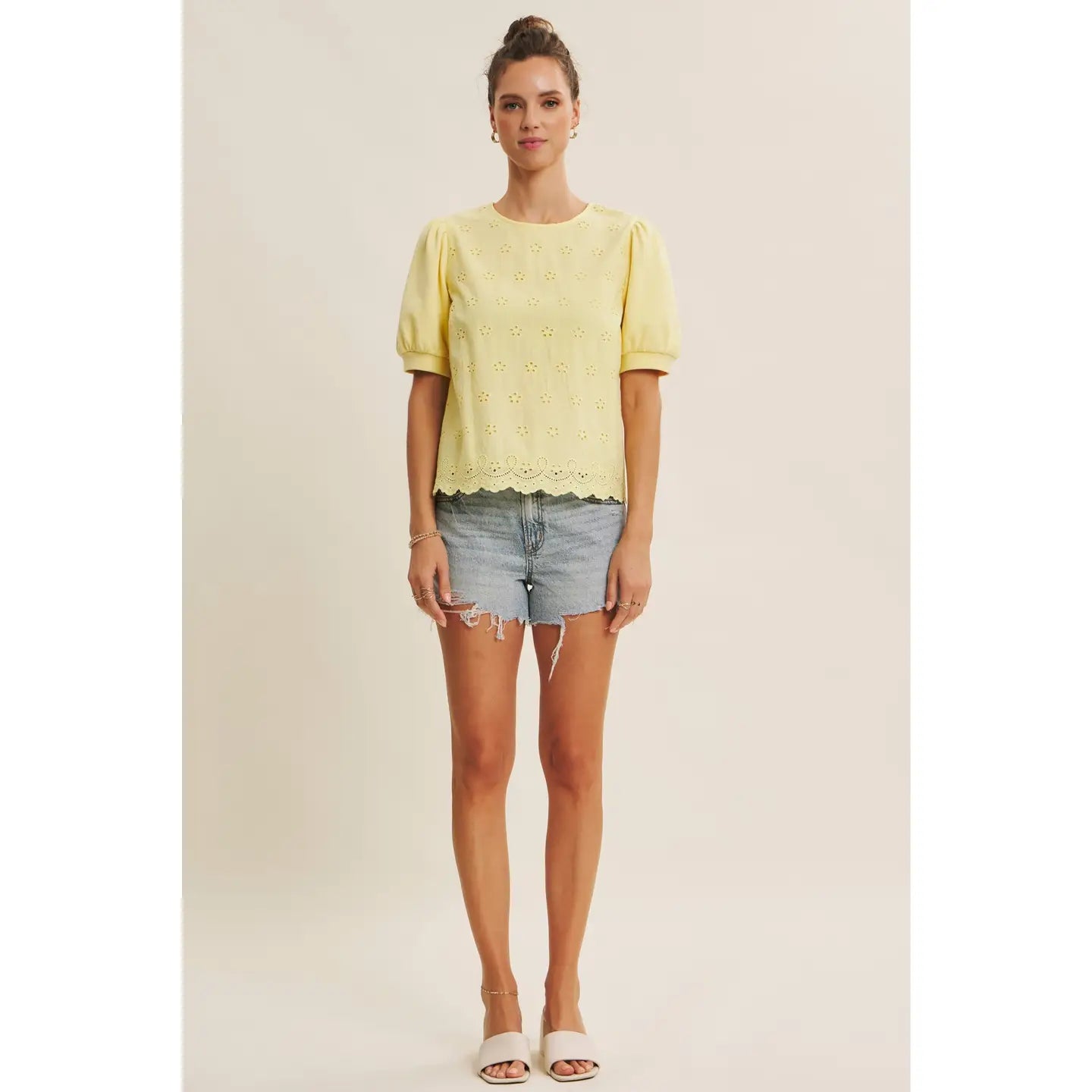 Effortlessly Joyful Terry Eyelet Puff-Sleeve Blouse