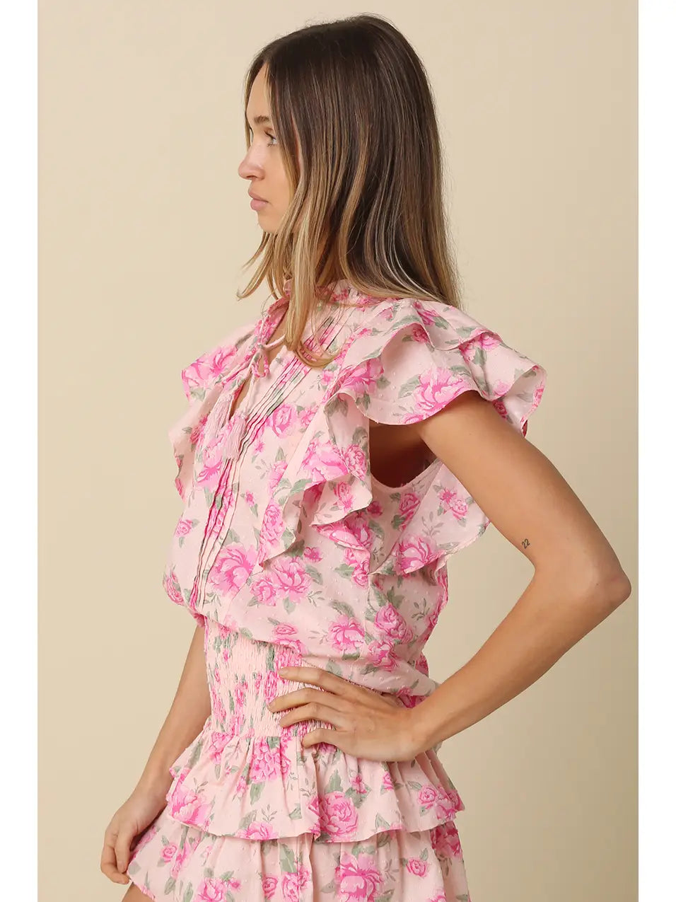 Bria Rosy Cascade Ruffle Blouse